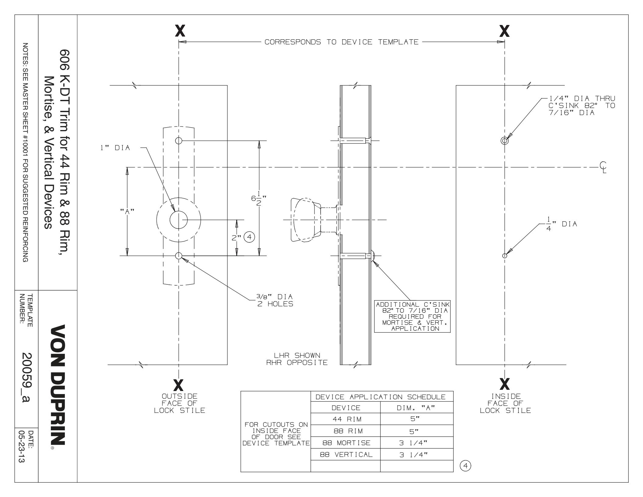 Von Duprin 606K-DT Trim Used with 88DT, 8827DT, 8875DT For Metal Applications Template diagram on page 1
