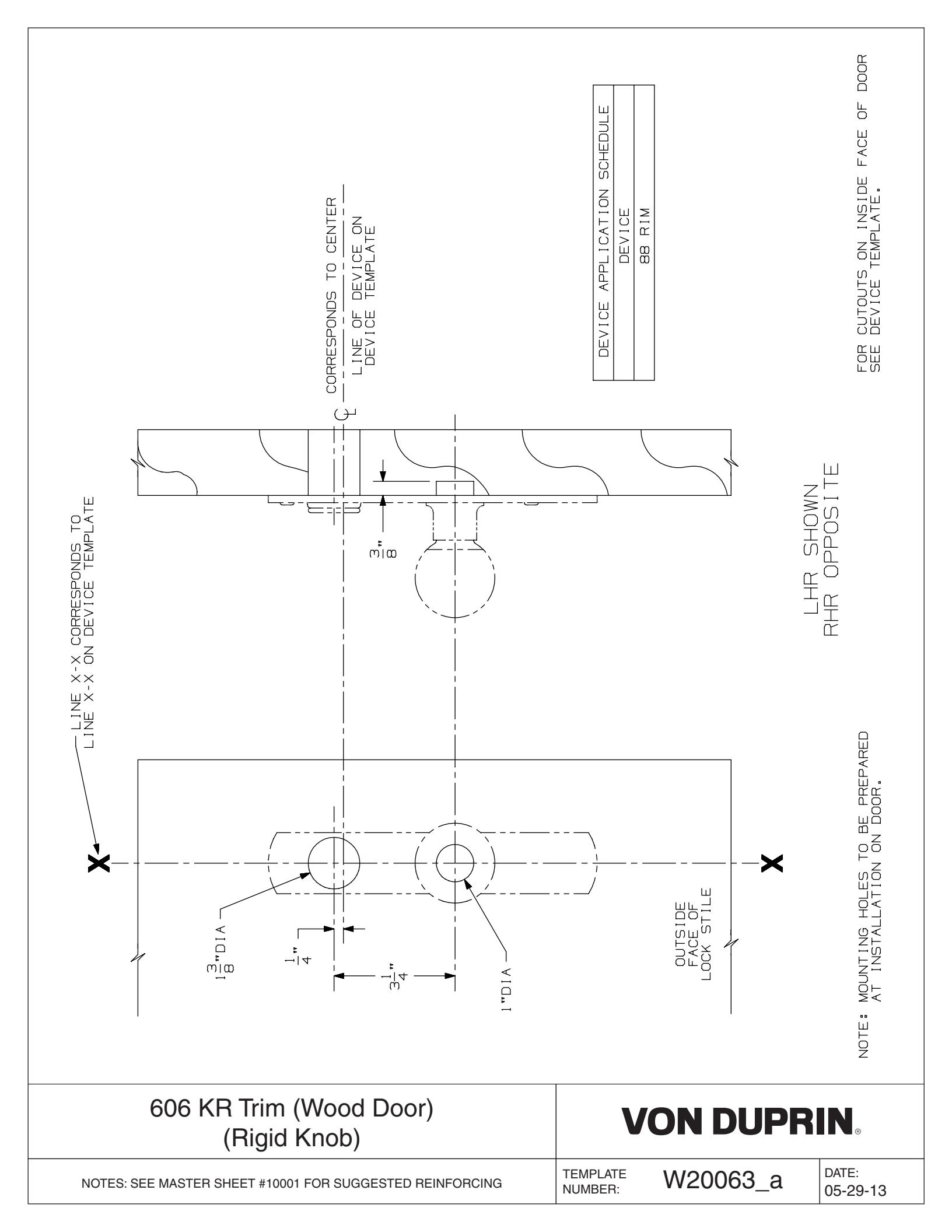 Von Duprin 606K-NL Rigid Trim Used With 88NL, 88NL-F For Wood Door Template diagram on page 1