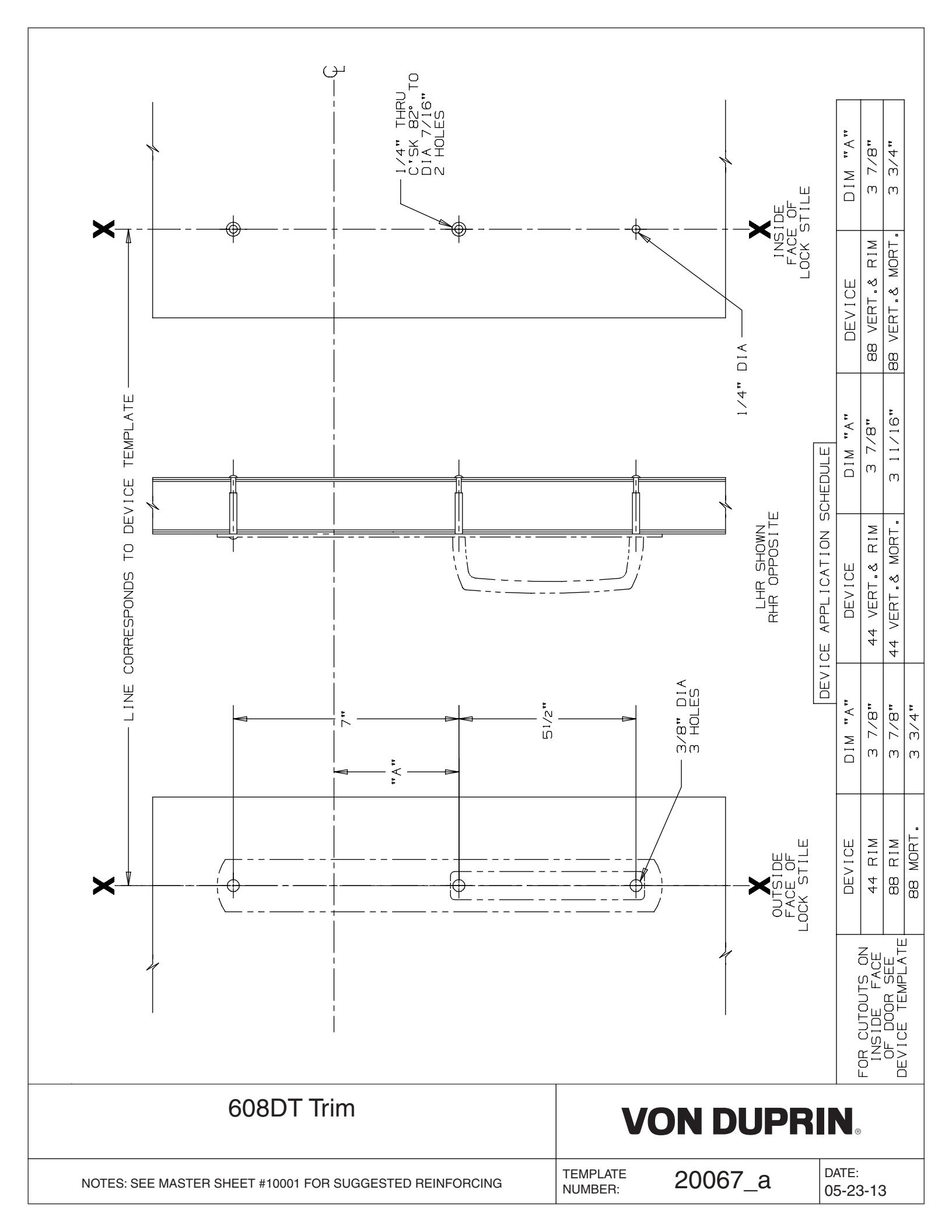 Von Duprin 608DT Trim Used with 88DT, 8827DT, 8827TL, 8827TL-F, 8875DT For Metal Applications Template diagram on page 1