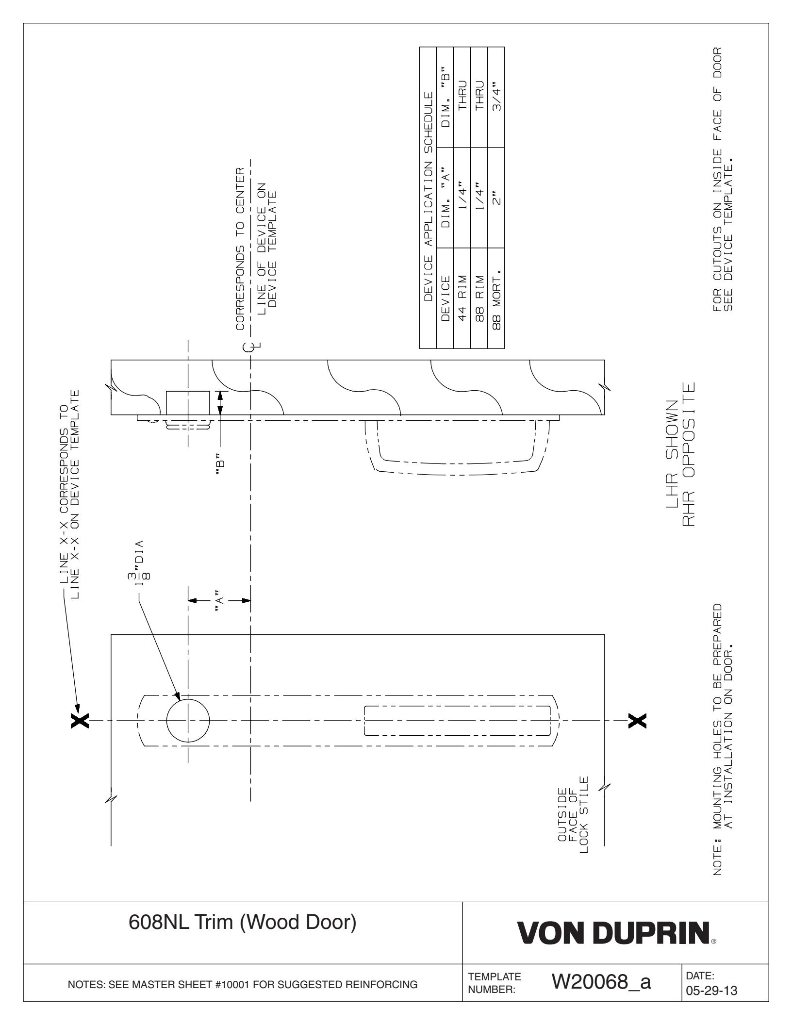 Von Duprin 608NL Trim Used With 88NL, 88NL-F, 8875NL, 8875NL-F For Wood Door Template diagram on page 1