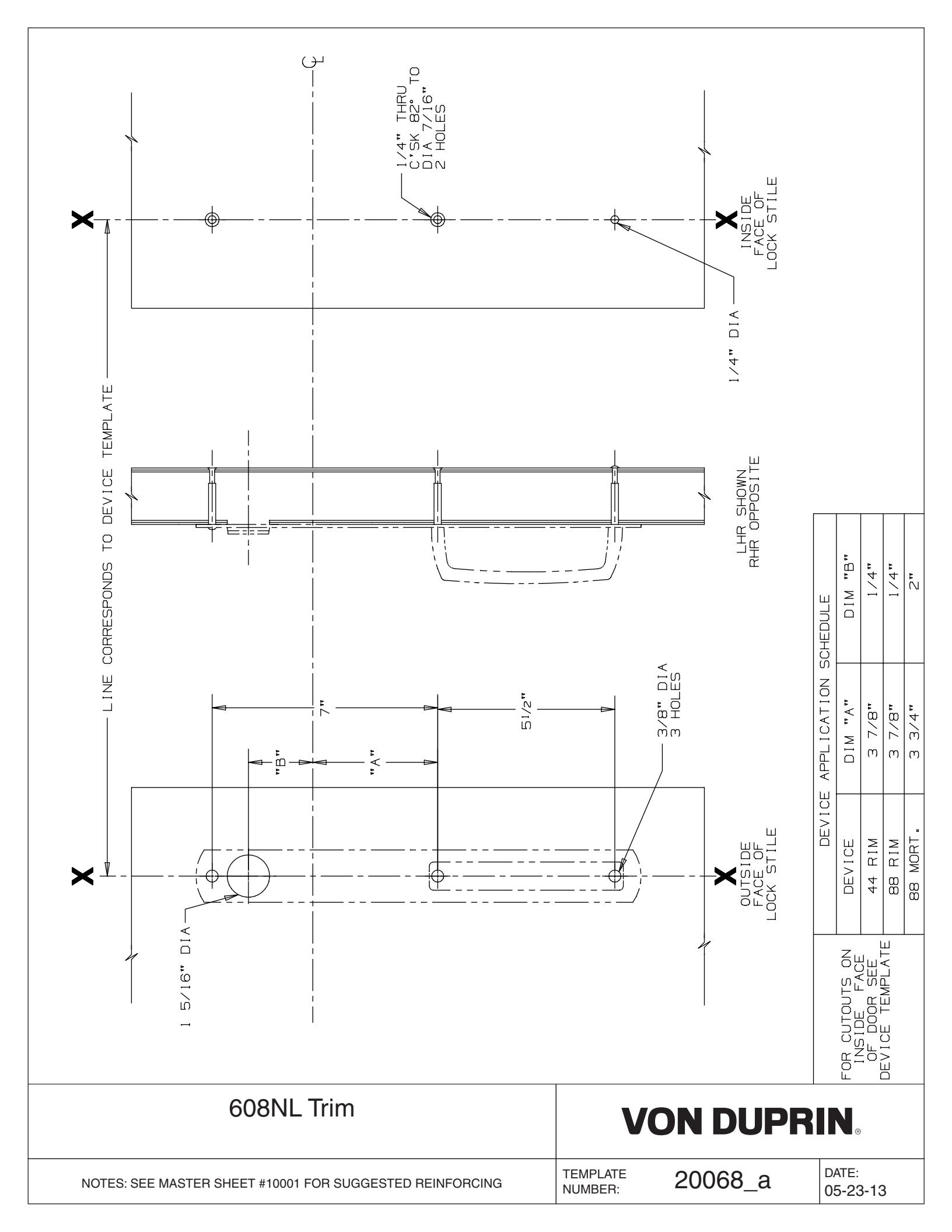 Von Duprin 608NL Trim Used with 88NL, 88NL-F, 8875NL, 8875NL-F For Metal Applications Template diagram on page 1