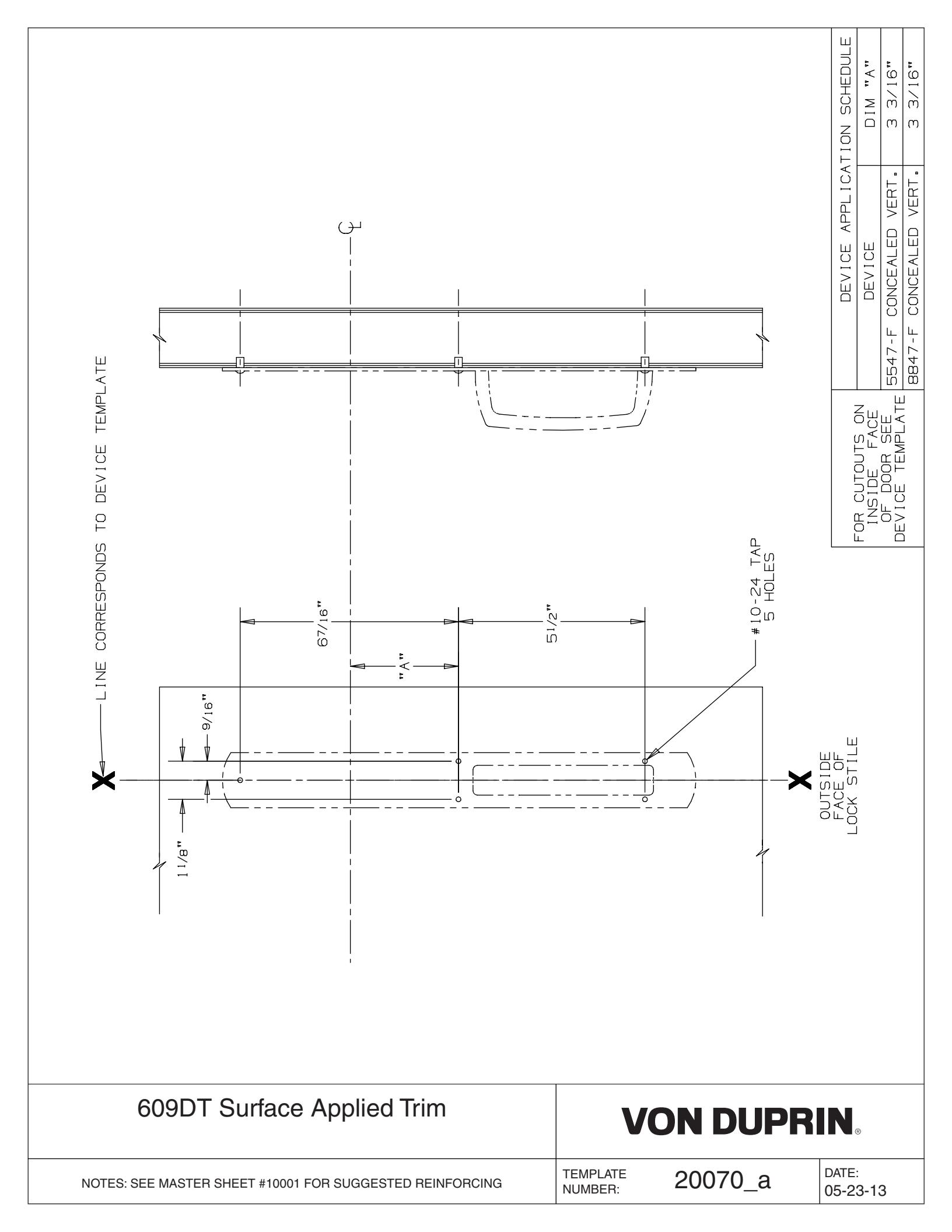 Von Duprin 609DT Trim Used with 8847-F Surface Applied For Metal Applications Template diagram on page 1