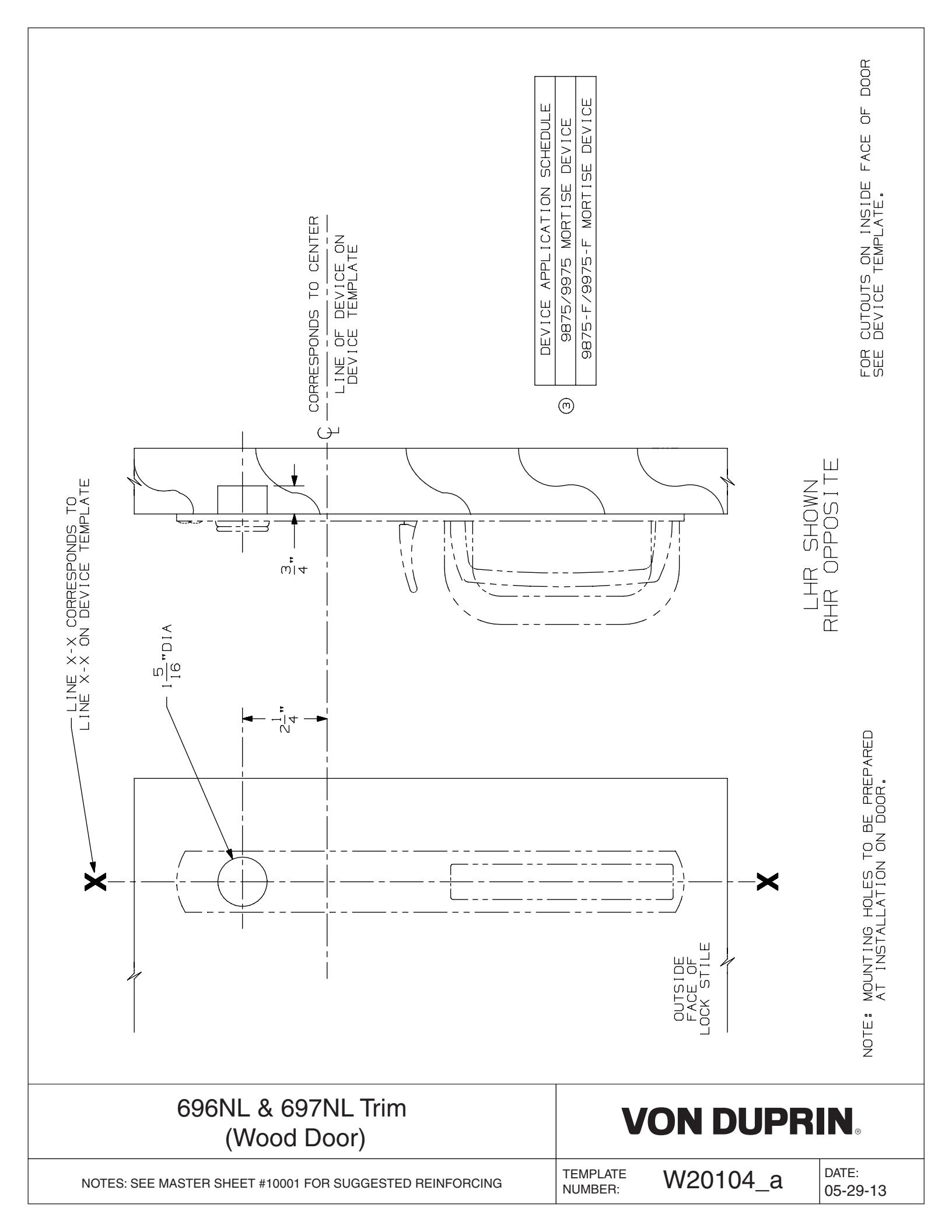Von Duprin 696NL-M Trim For 98 and 99 Series Trim Wood Door Template diagram on page 1