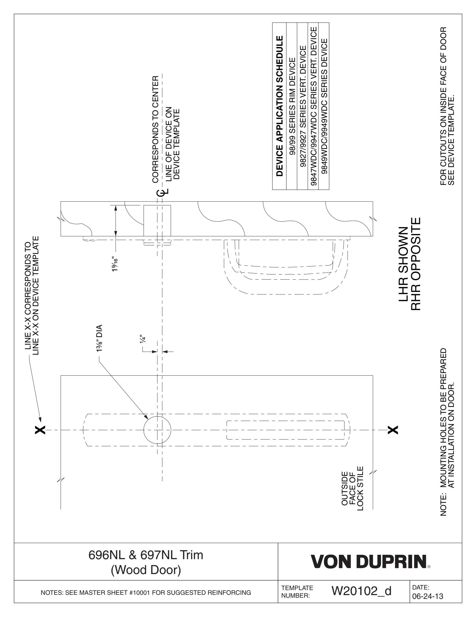 Von Duprin 696NL-R, 696NL-V Trim For 98 and 99 Series Trim Wood Door Template diagram on page 1