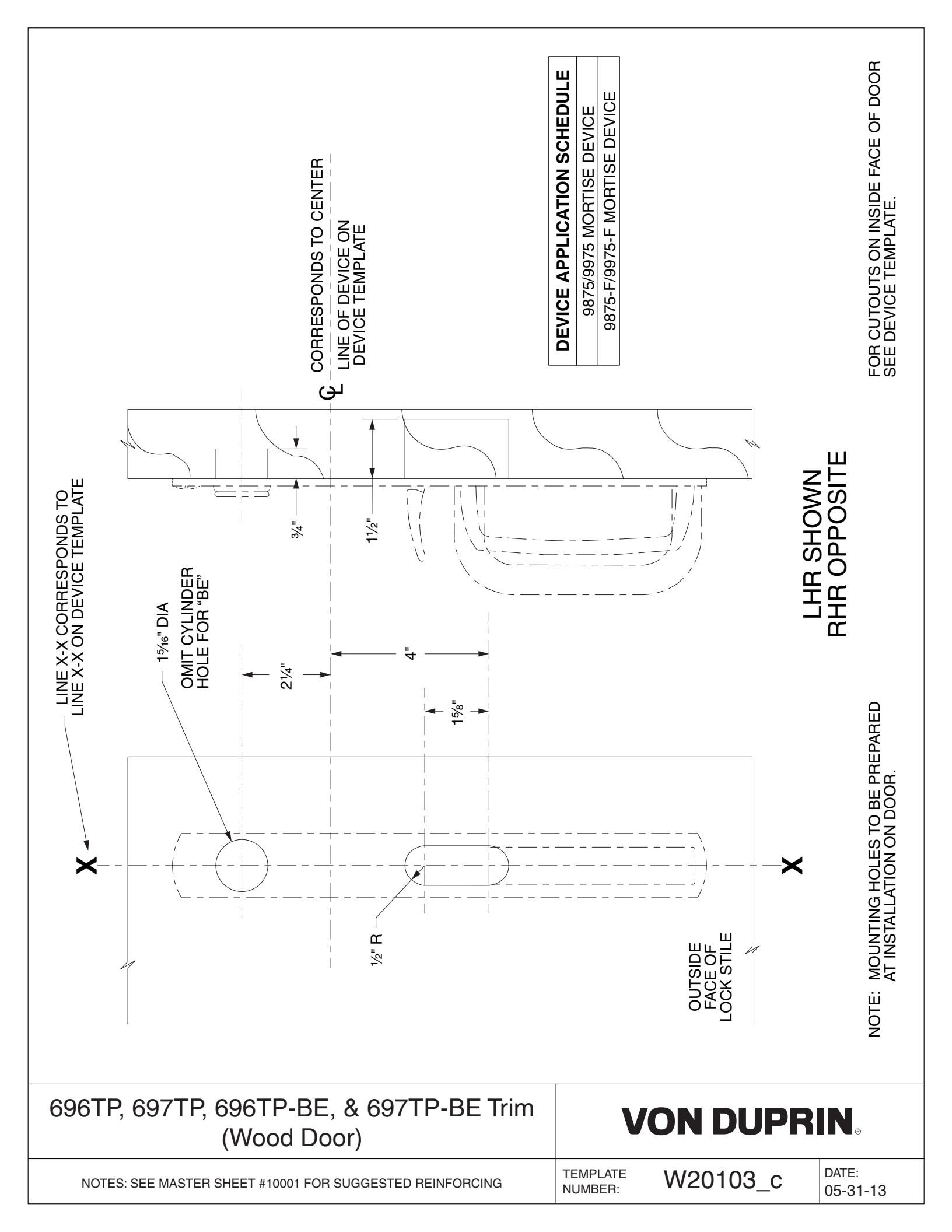 Von Duprin 696TP-M, 696TP-M-BE Trim For 98 and 99 Series Trim Wood Door Template diagram on page 1