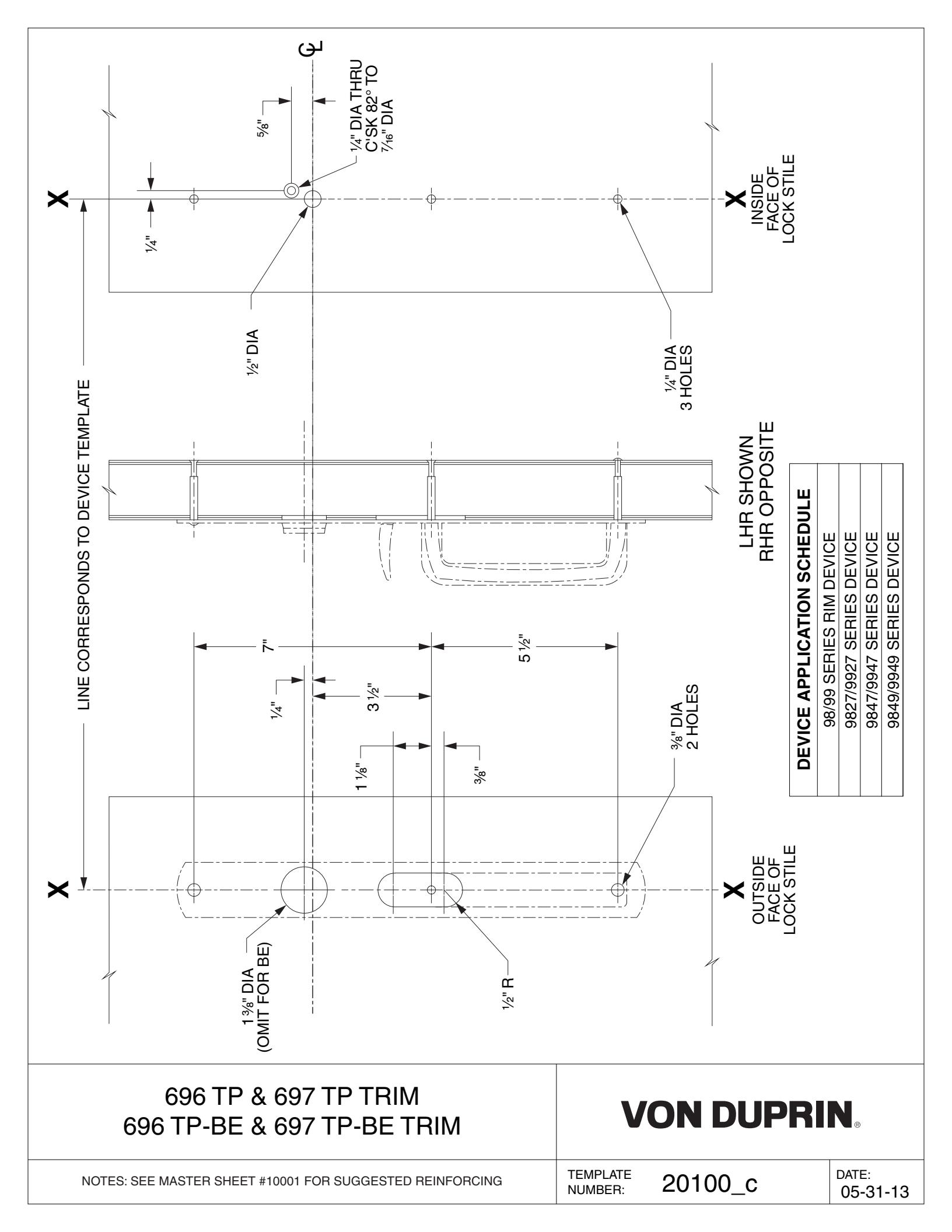 Von Duprin 696TP-R, 696TP-V, 696TP-RBE, 696TP-VBE Trim For 98 and 99 Series Exit Device Metal Door Template diagram on page 1