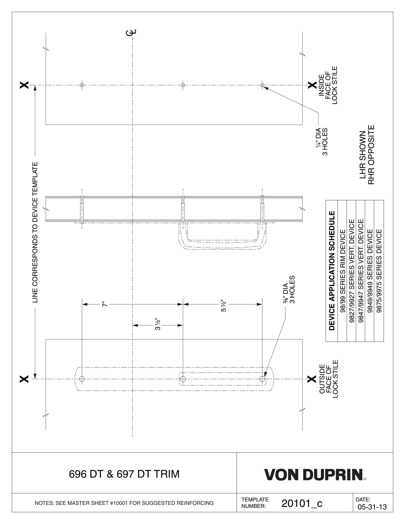 Von Duprin 697DT Trim For 98 and 99 Series Exit Device Metal Door Template diagram on page 1