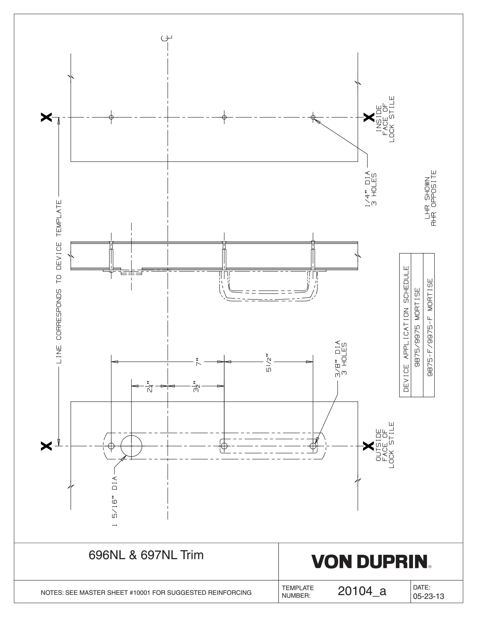 Von Duprin 697NL-M Trim For 98 and 99 Series Exit Device Metal Door Template diagram on page 1