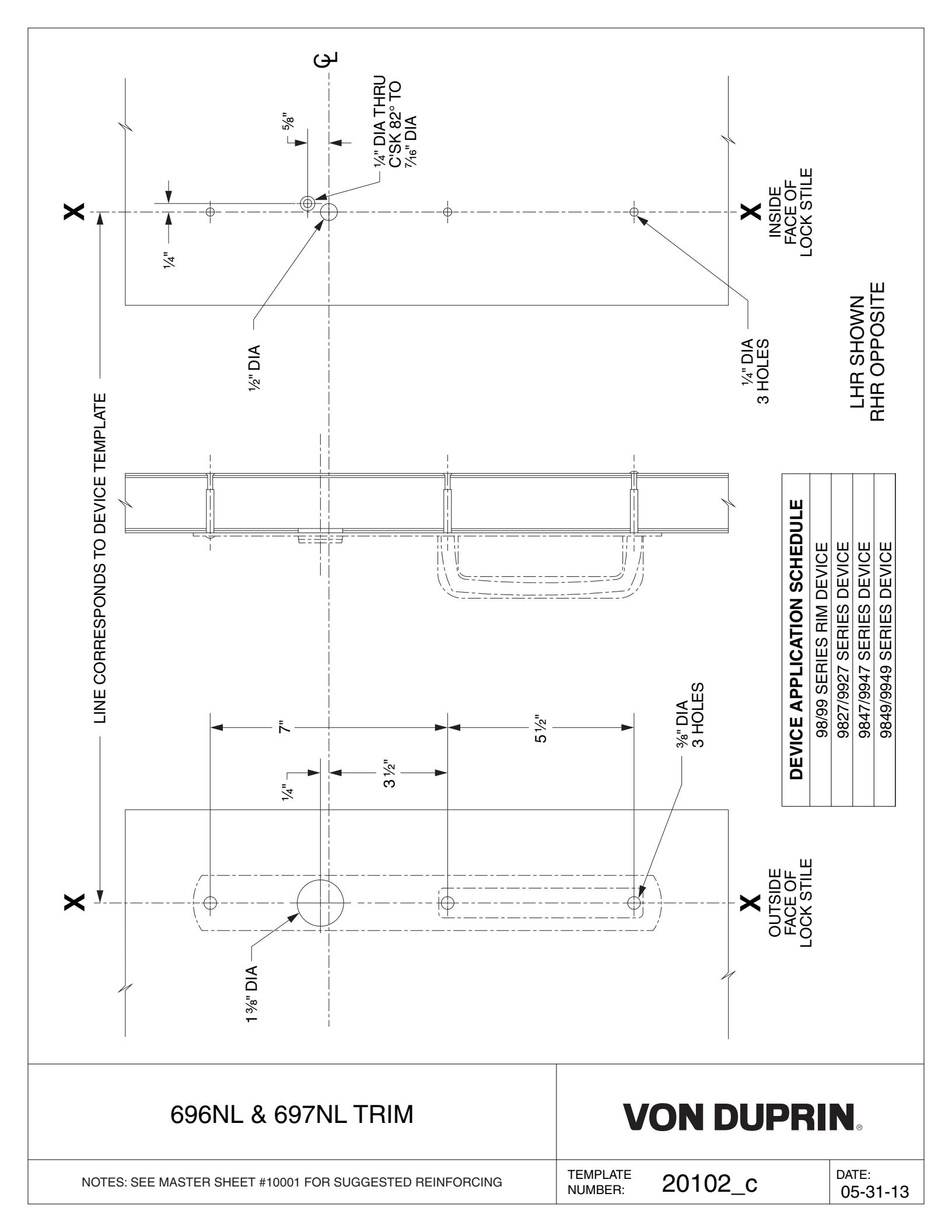 Von Duprin 697NL-R, 697NL-V Trim For 98 and 99 Series Exit Device Metal Door Template diagram on page 1