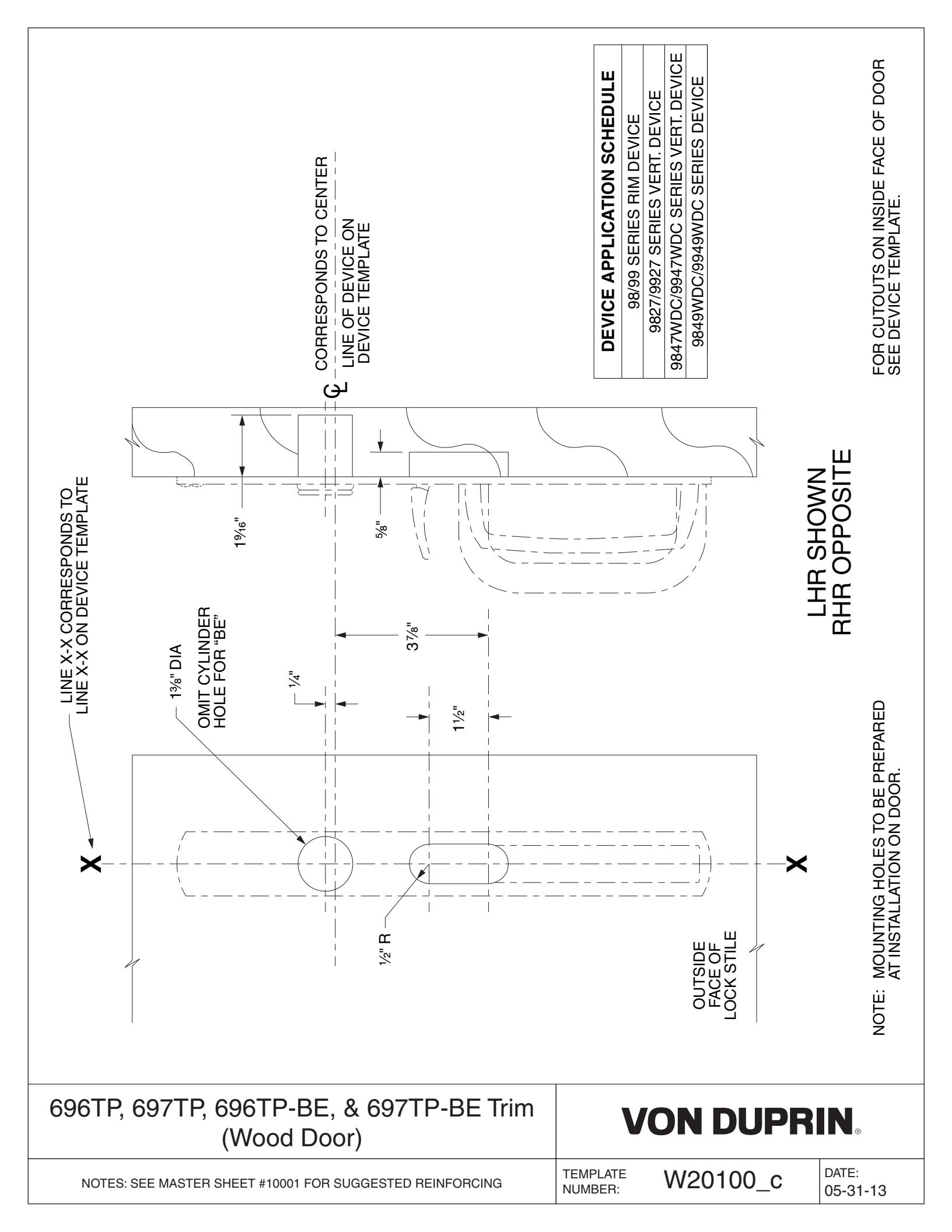 Von Duprin 697TP-R, 697TP-V, 697TP-R-BE, 697-TP-V-BE Trim For 98 and 99 Series Trim Wood Door Template diagram on page 1