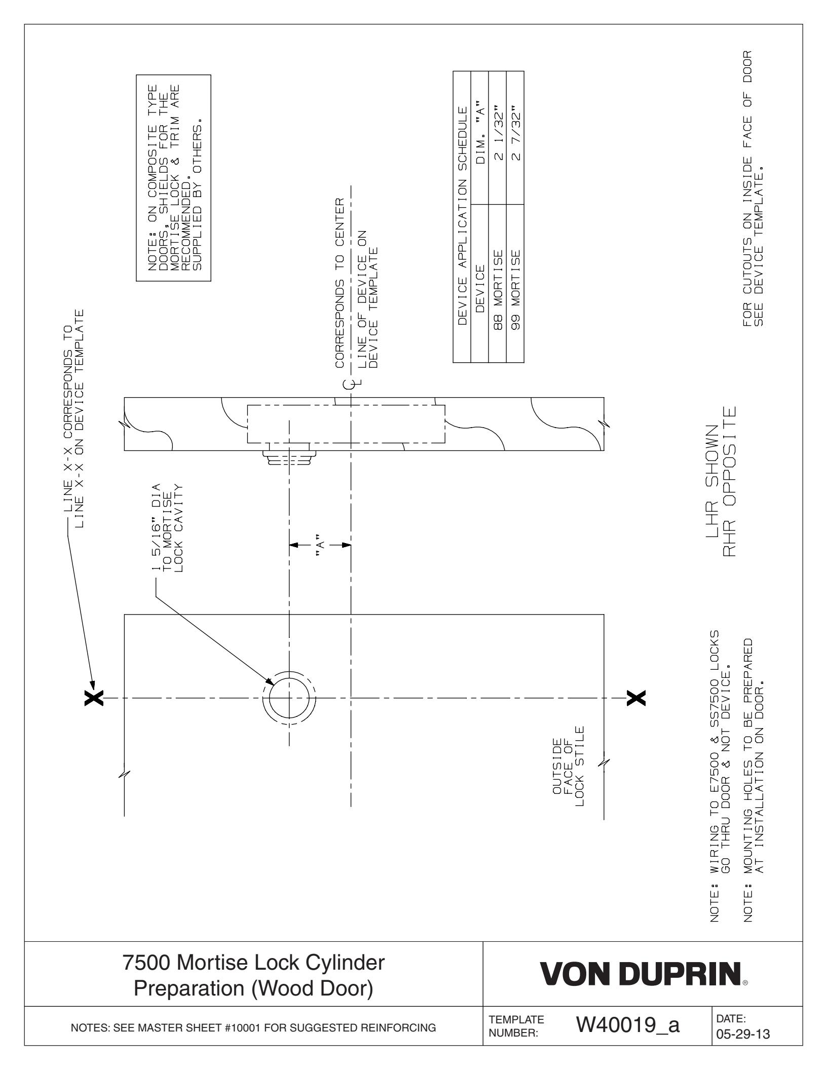 Von Duprin 7500 Mortise Lock Cylinder Prep-WD Used With 8875NL Less Trim, 8875NL-F Less Trim For Wood Door Template diagram o