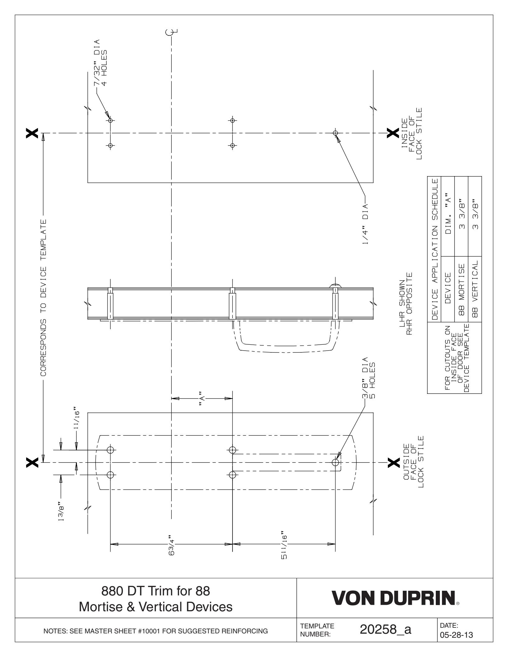 Von Duprin 880DT-M & V Trim Used with 8827DT, 8827TL, 8827TL-F, 8875DT For Metal Applications Template diagram on page 1