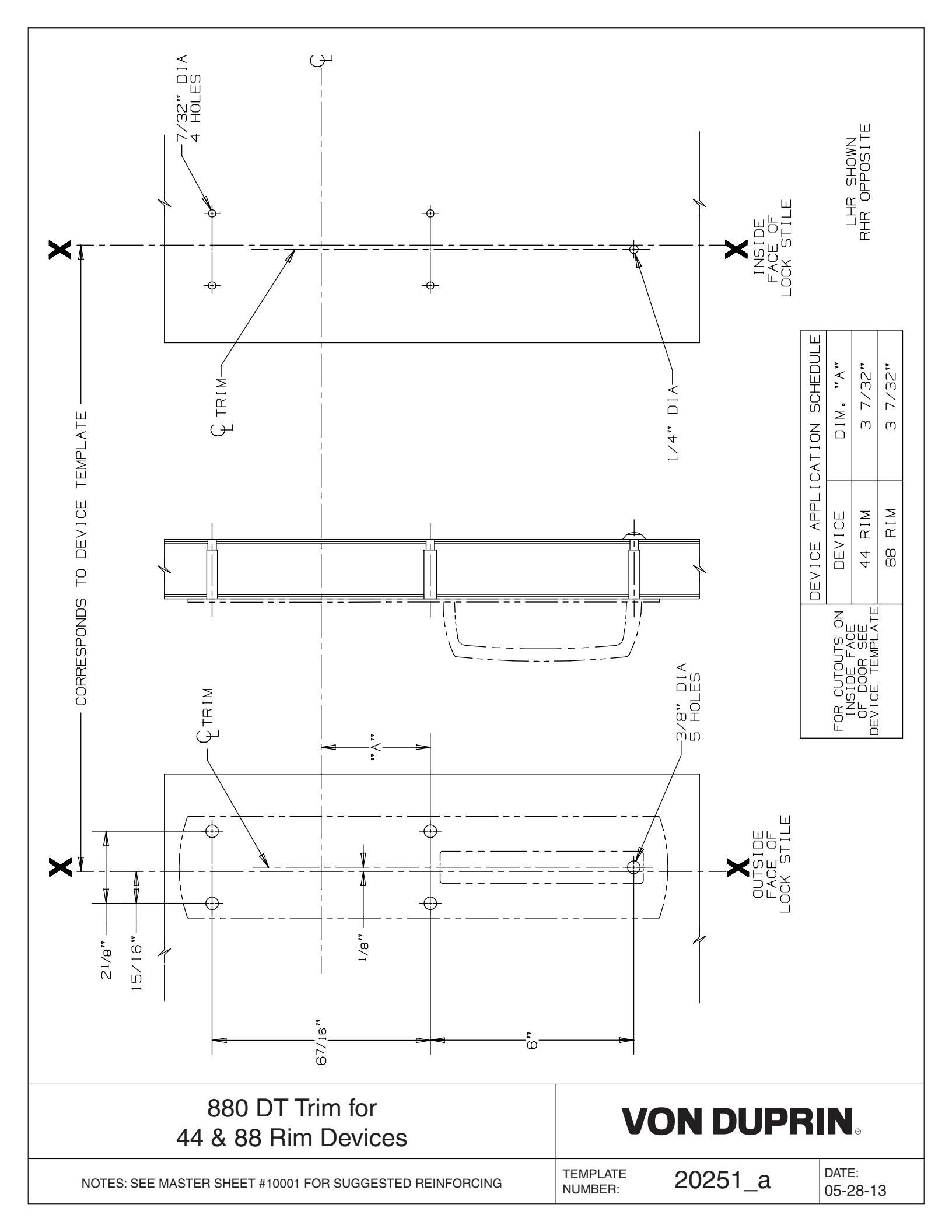 Von Duprin 880DT-R Trim Used with 88DT For Metal Applications Template diagram on page 1