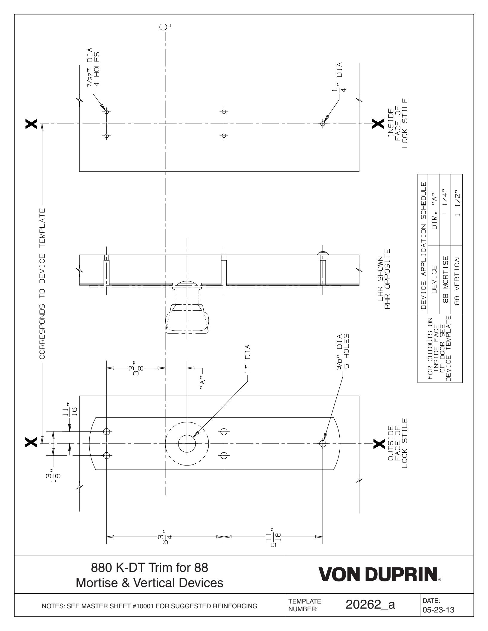 Von Duprin 880K-DT-M & V Trim Used with 8827DT, 8827TL, 8827TL-F, 8875DT For Metal Applications Template diagram on page 1