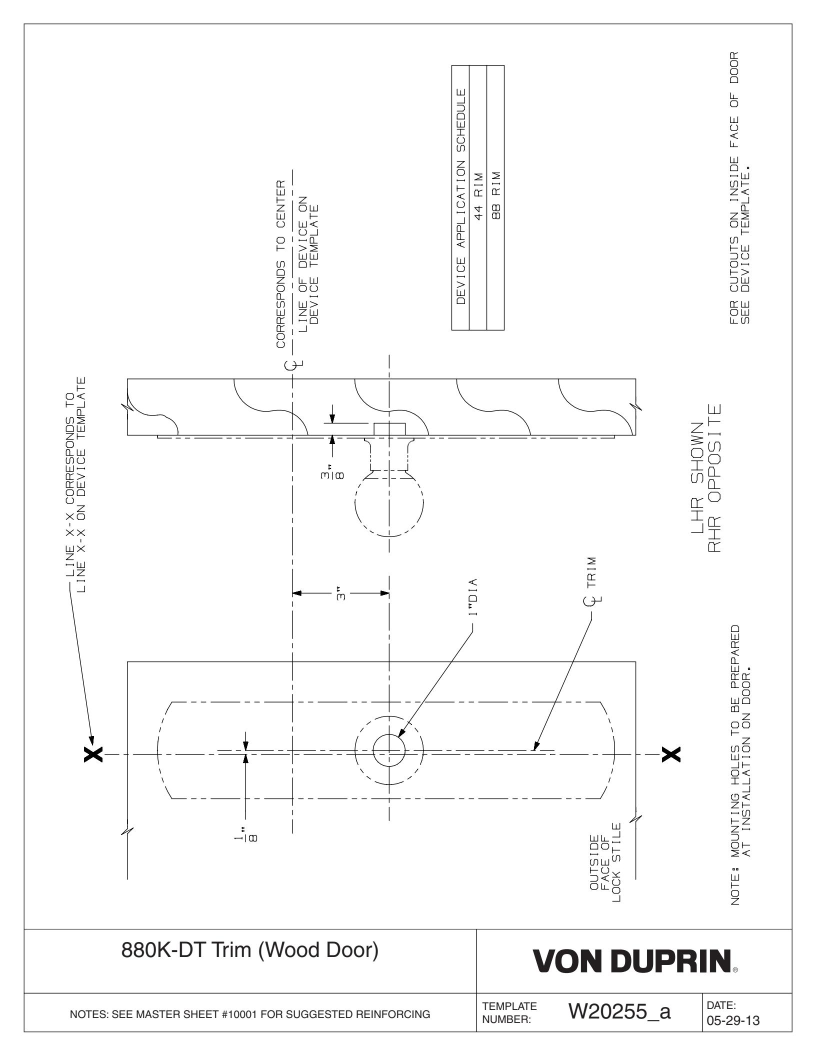 Von Duprin 880K-DT-R Trim Trim Used With 88DT For Wood Door Template diagram on page 1