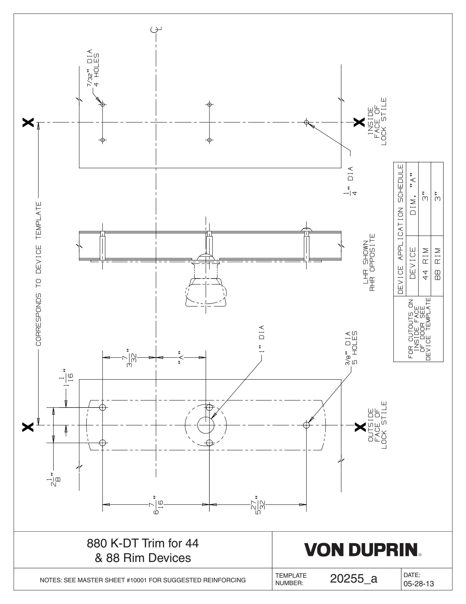 Von Duprin 880K-DT-R Trim Used with 88K-DT For Metal Applications Template diagram on page 1