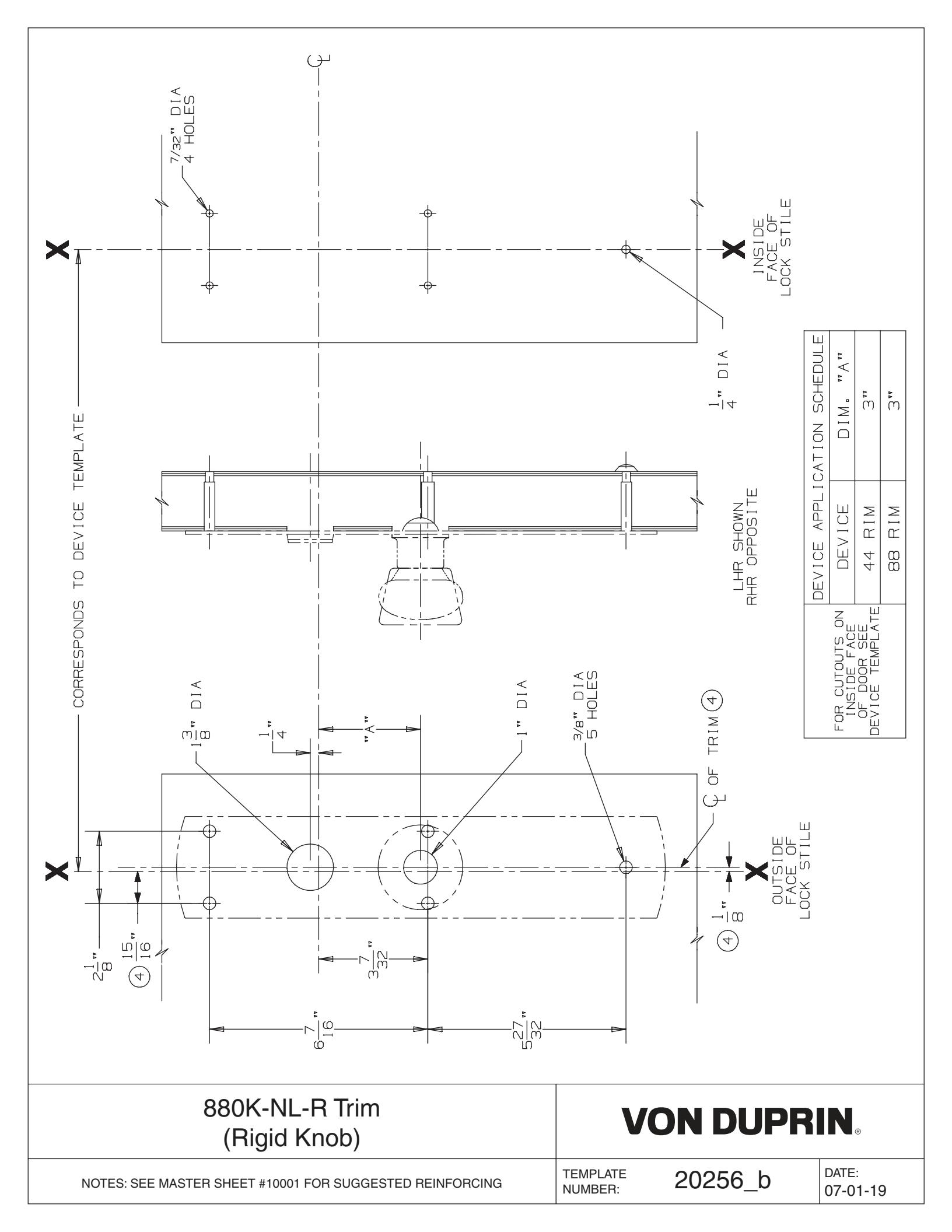 Von Duprin 880K-NL-R Rigid Trim Used with 88K-NL, 88K-NL-F For Metal Applications Template diagram on page 1