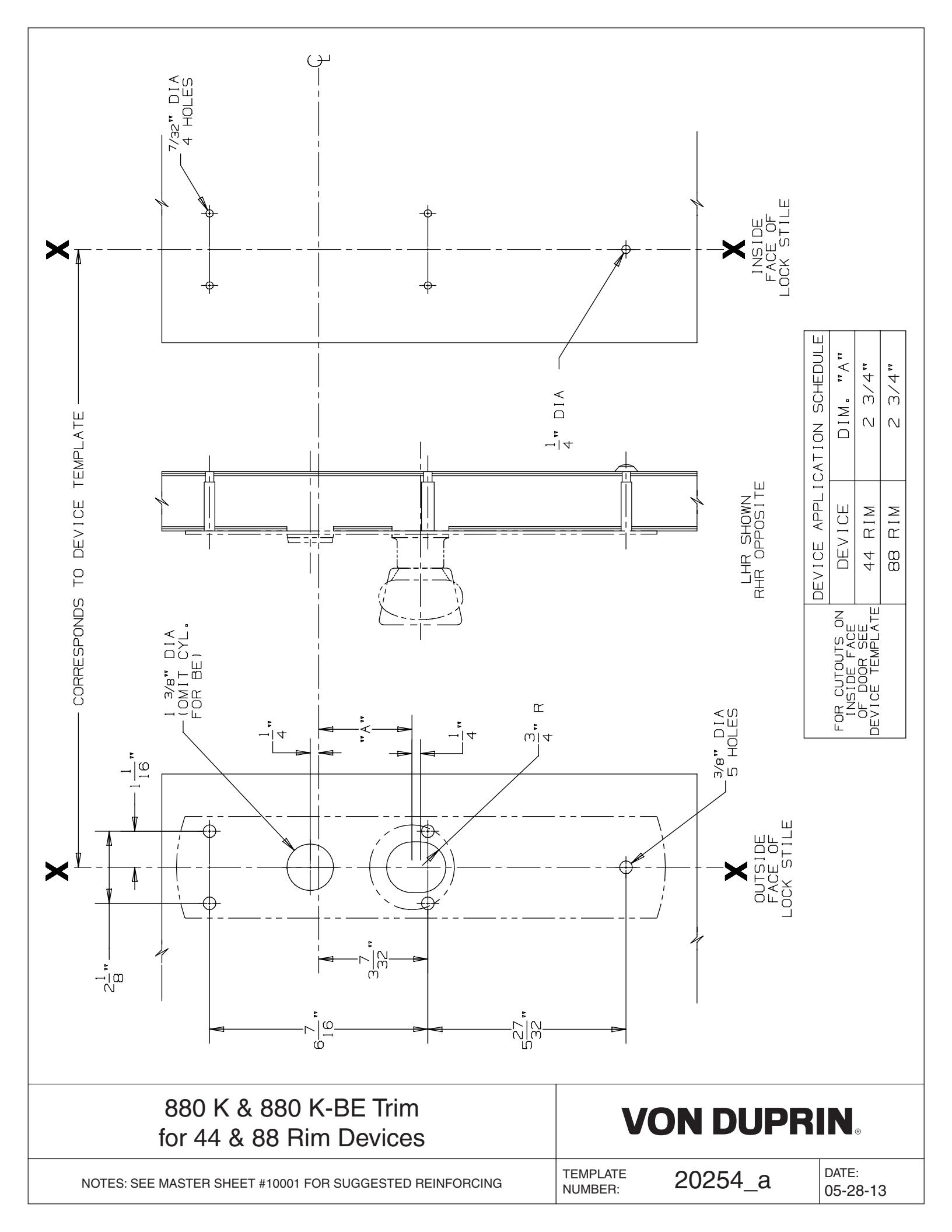Von Duprin 880K-R, 880K-R-BE Trim Used with 88K, 88K-F For Metal Applications Template diagram on page 1