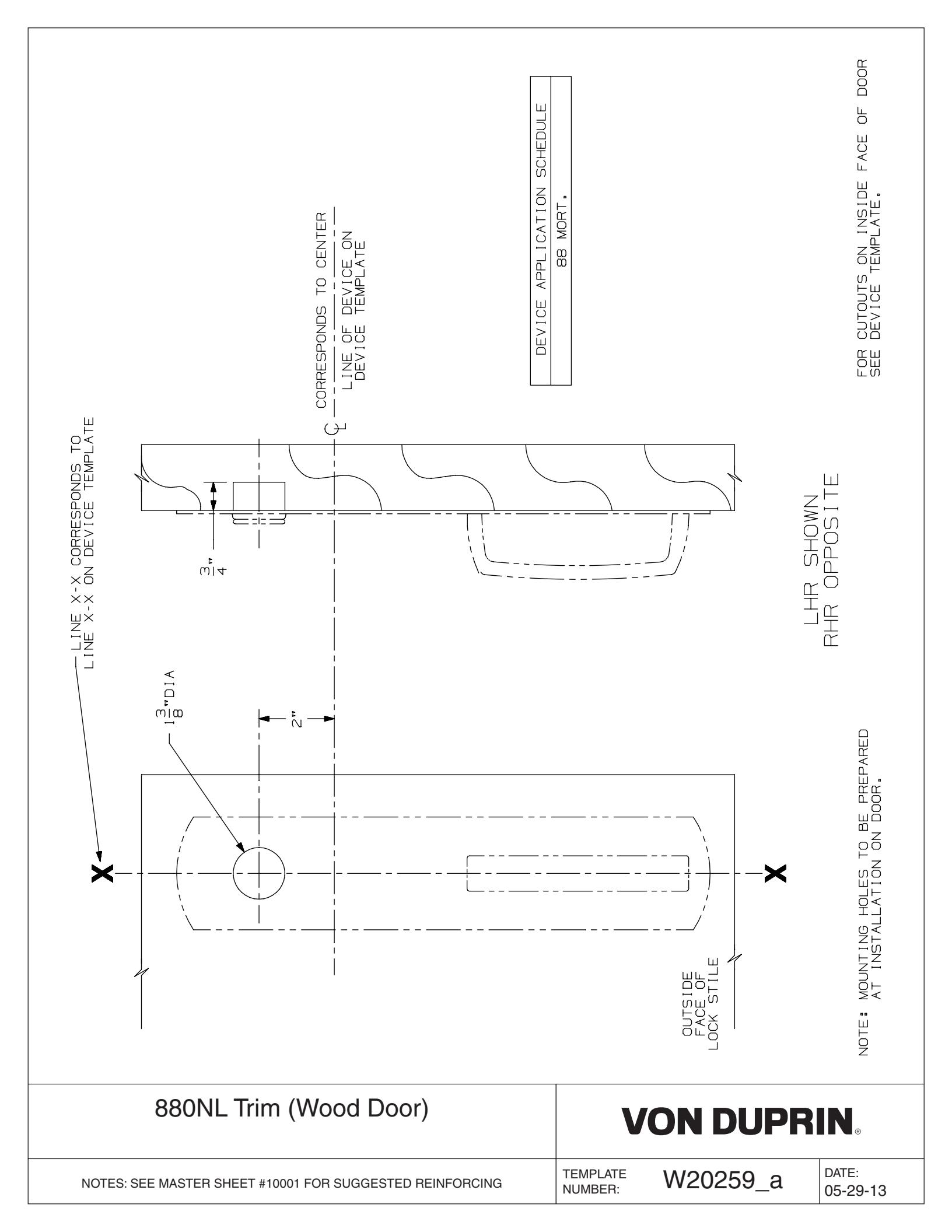 Von Duprin 880NL-M Trim Used With 8875NL, 8875NL-F For Wood Door Template diagram on page 1
