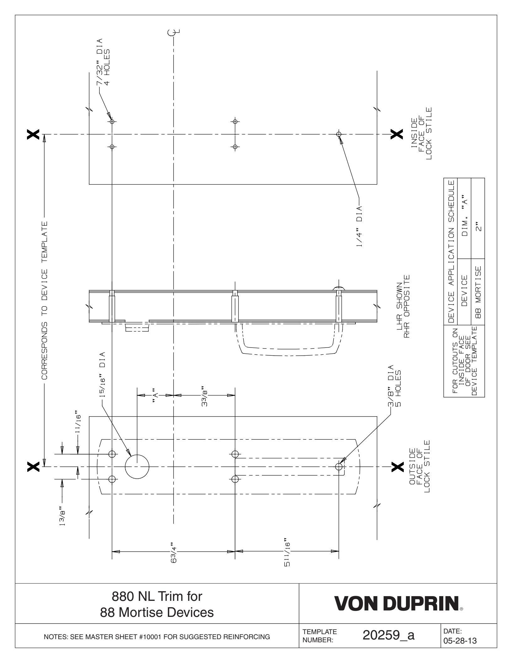 Von Duprin 880NL-M Trim Used with 8875NL, 8875NL-F For Metal Applications Template diagram on page 1