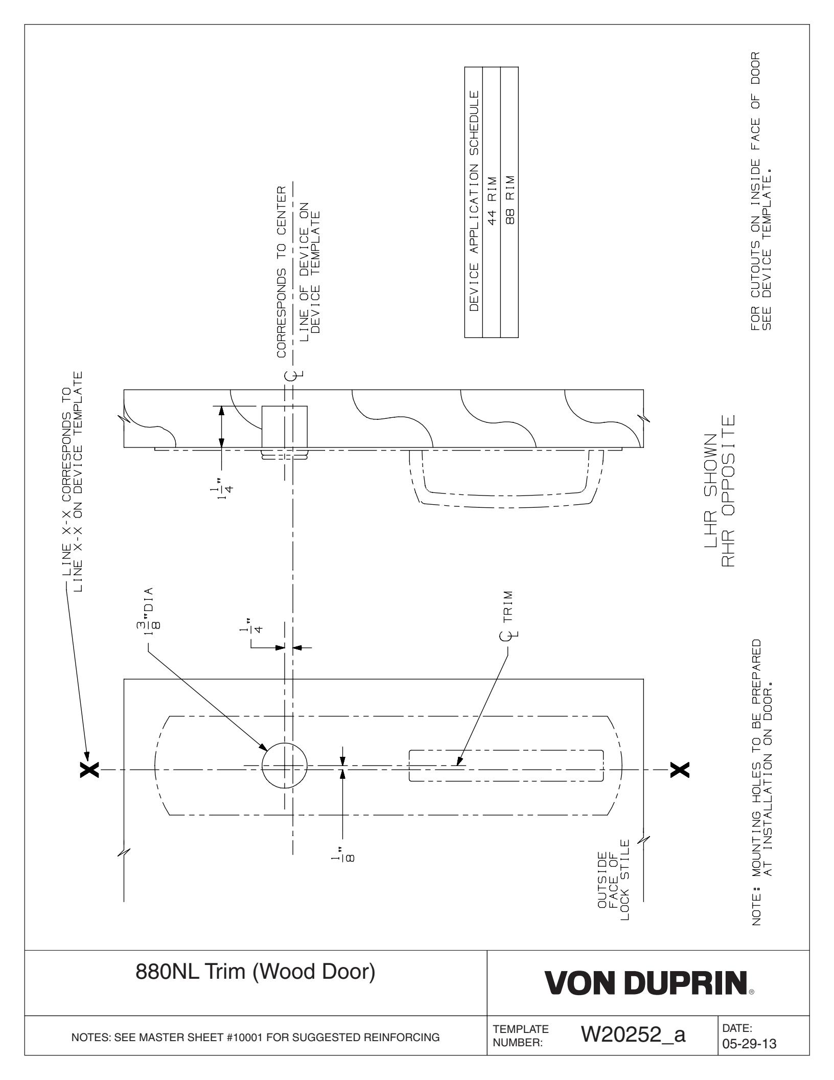 Von Duprin 880NL-R Trim Used With 88NL, 88NL-F For Wood Door Template diagram on page 1