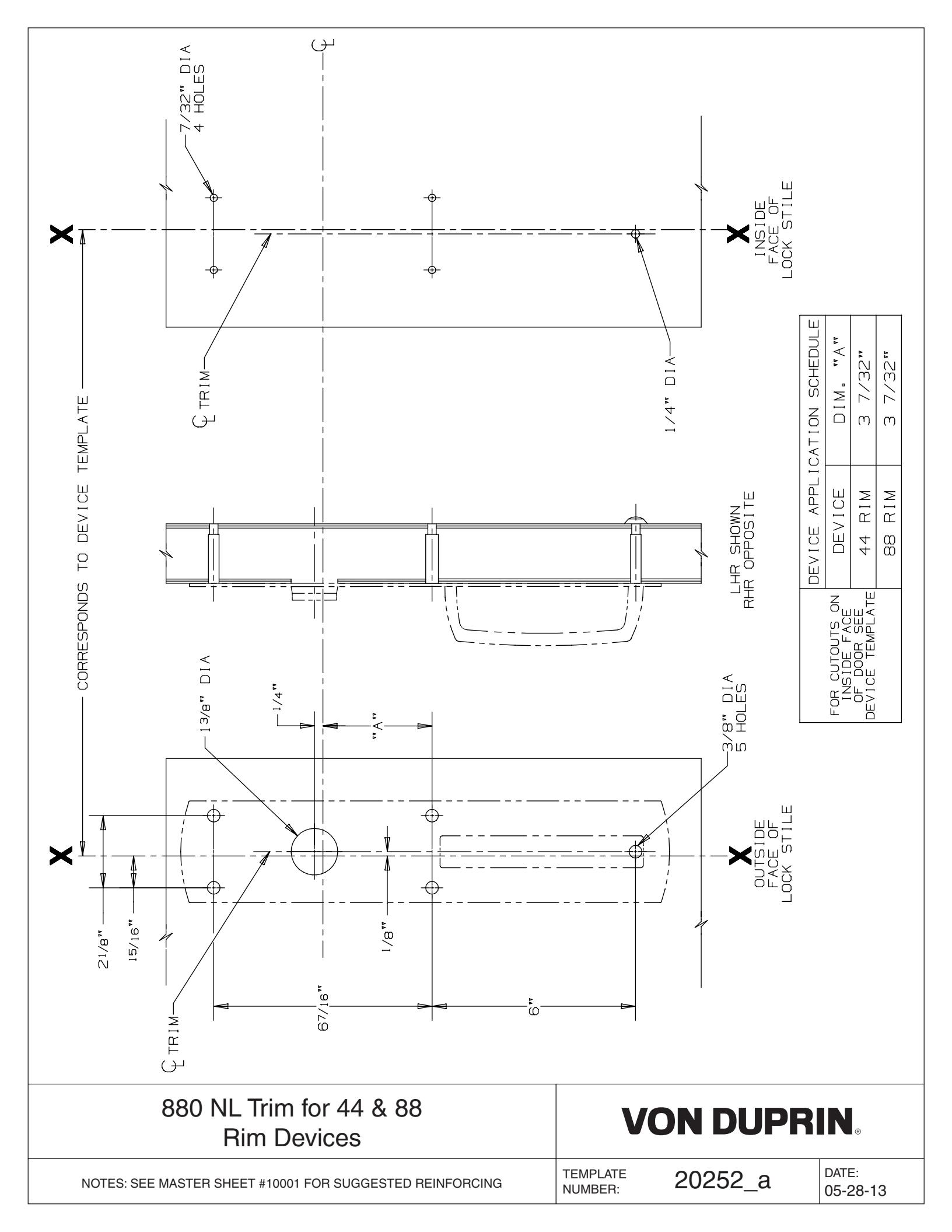 Von Duprin 880NL-R Trim Used with 88NL, 88NL-F For Metal Applications Template diagram on page 1