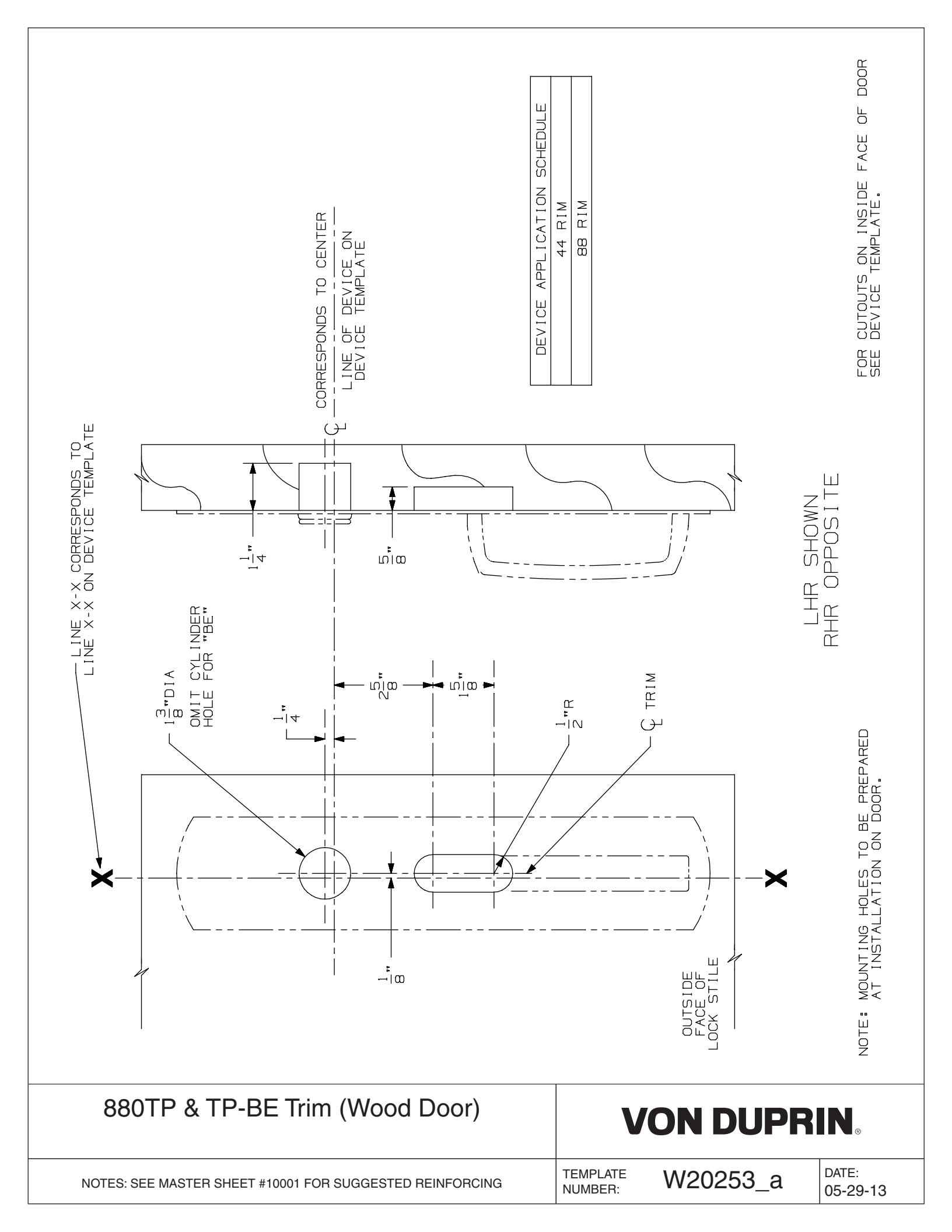 Von Duprin 880TP-R, 880TP-R-BE Trim Used With 88TP, 88TP-F, 88TP-BE, 88TP-BE-F For Wood Door Template diagram on page 1