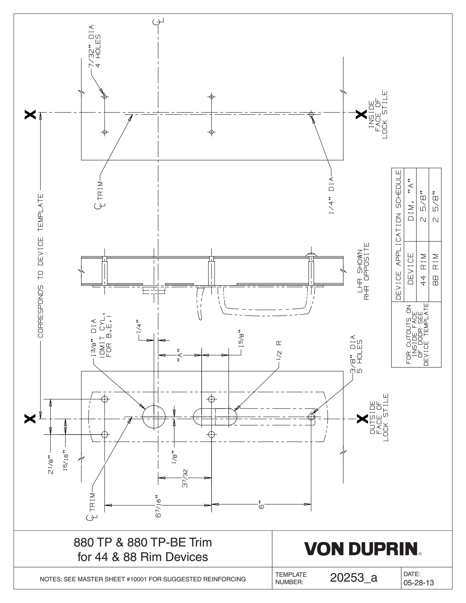 Von Duprin 880TP-R, 880TP-R-BE Trim Used with 88TP, 88TP-F For Metal Applications Template diagram on page 1