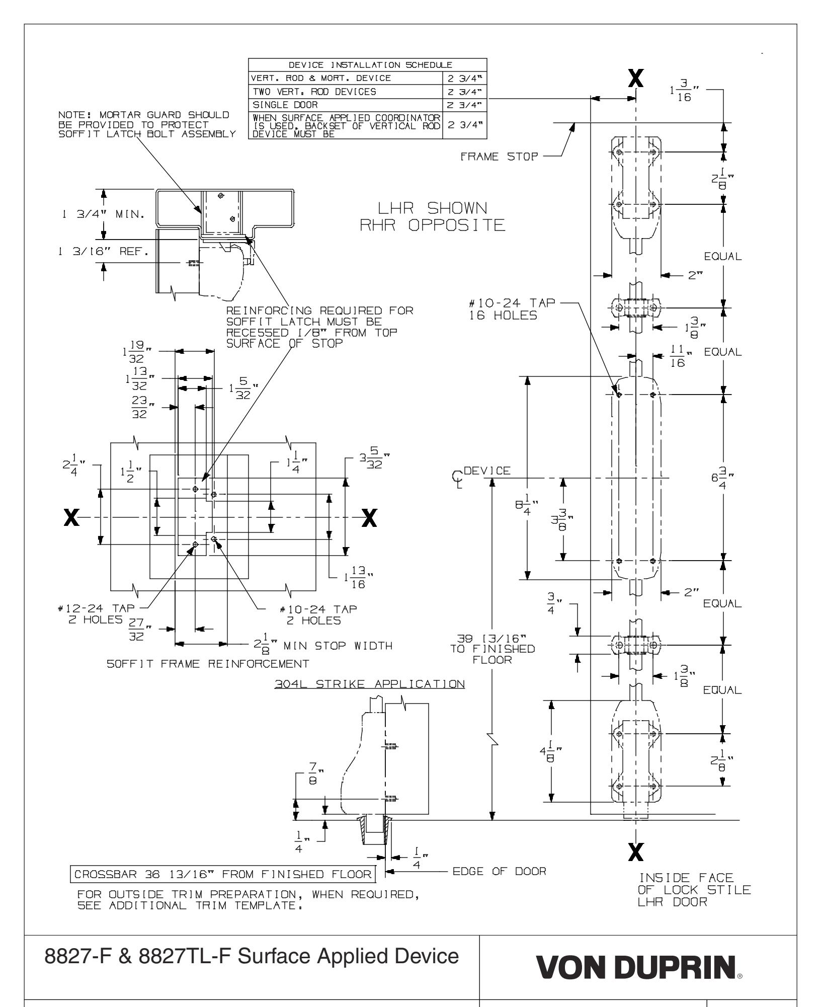 Von Duprin 8827-F & 8827TL-F Surface Applied Device For Metal Applications Template diagram on page 1