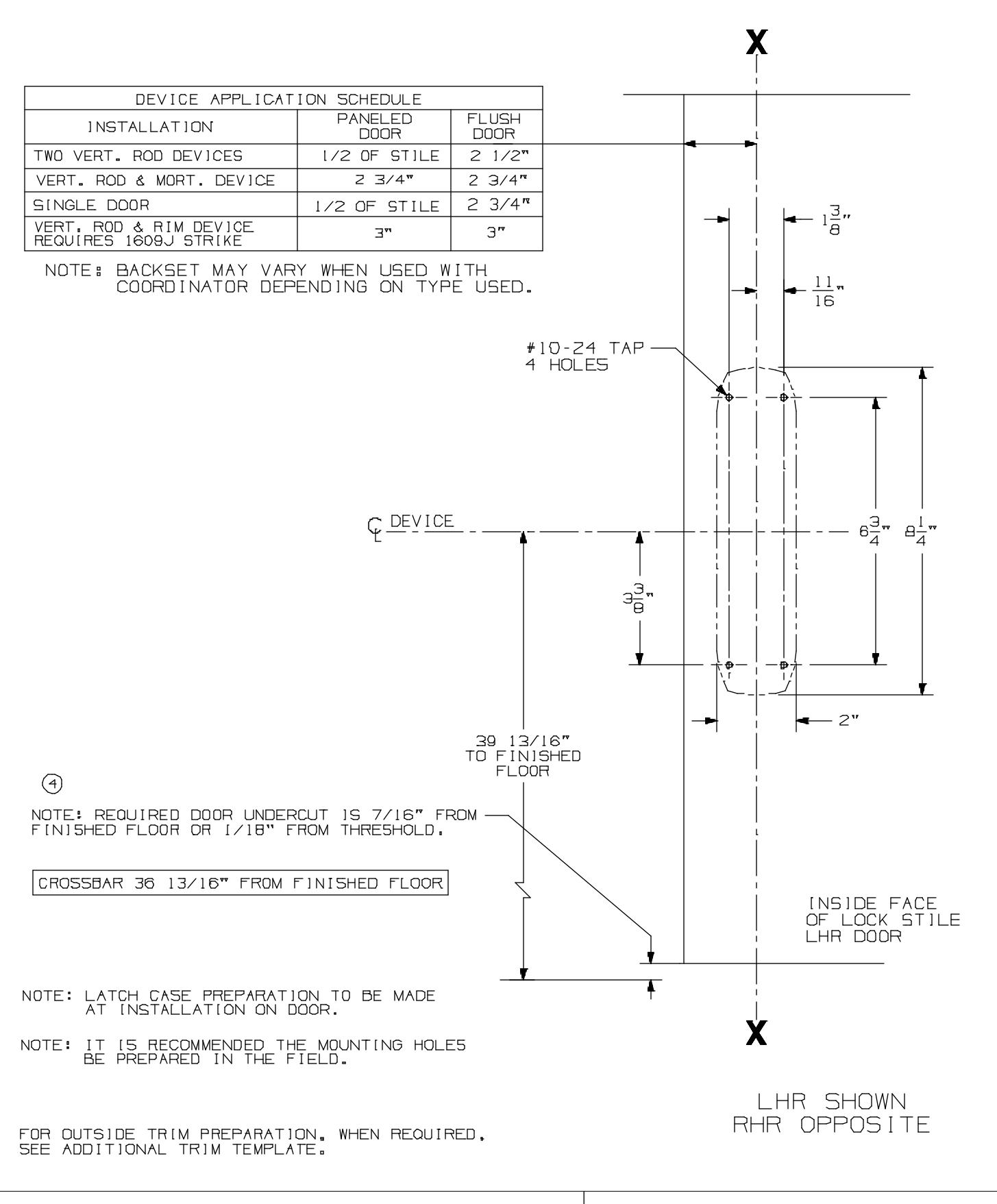 Von Duprin 8827EO, 8827DT, & 8827TL Series Vertical Rod Device For Metal Applications Template diagram on page 1
