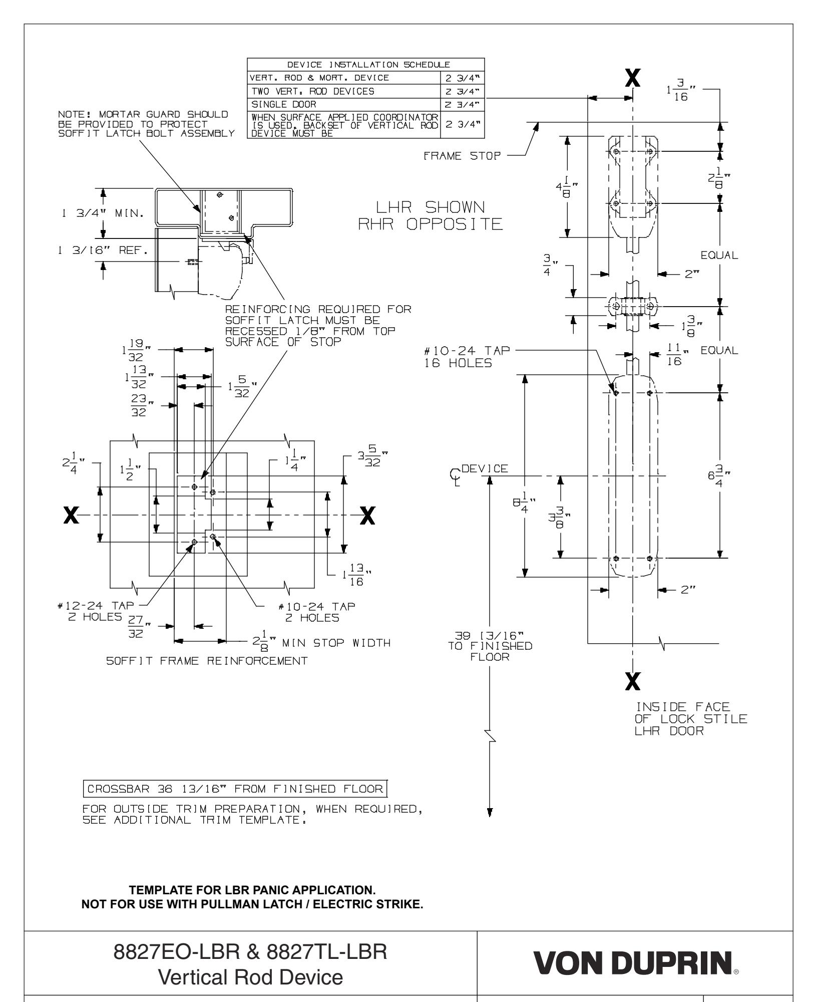 Von Duprin 8827EO-LBR & 8827TL-LBR Vertical Rod Device For Metal Applications Template diagram on page 1