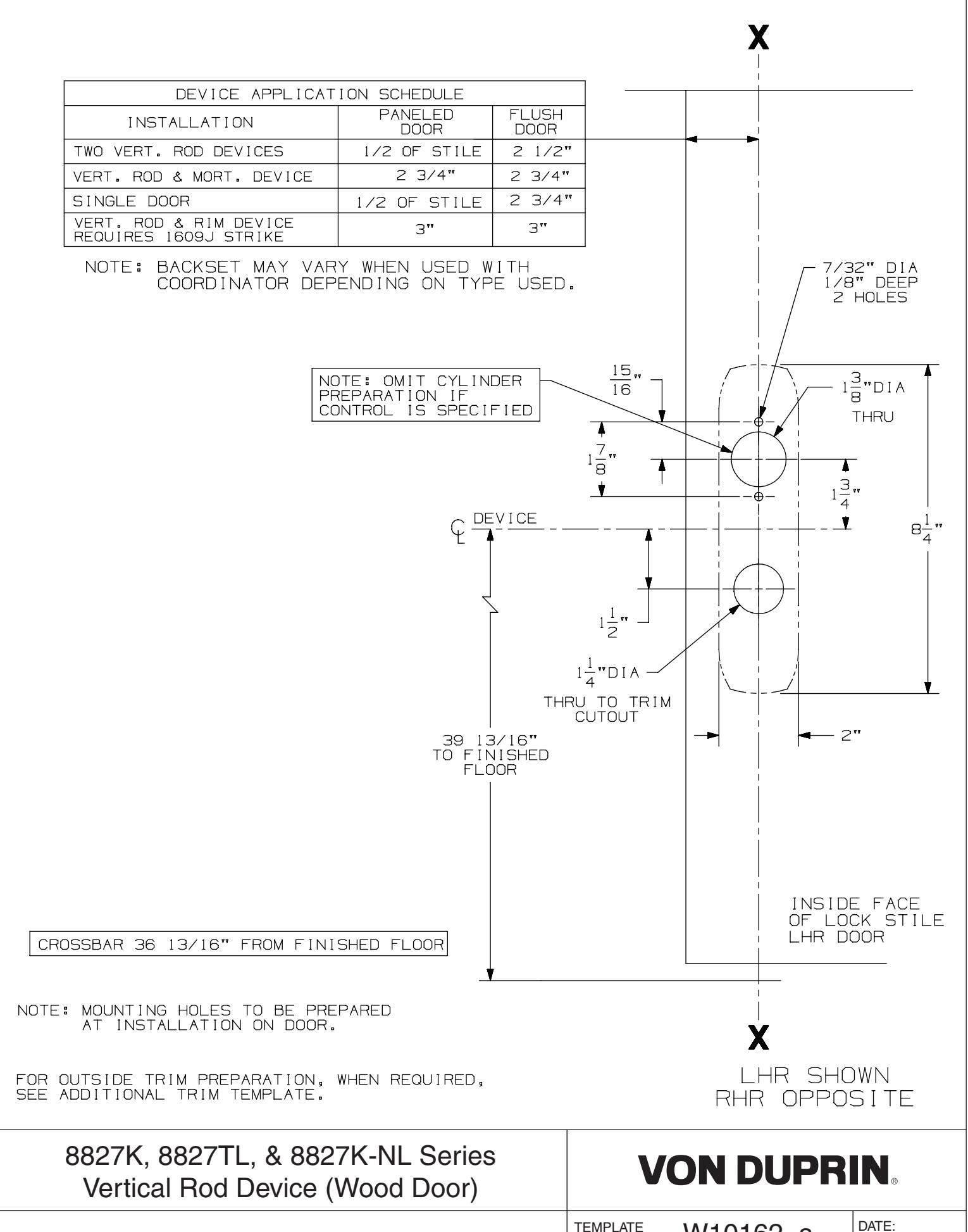 Von Duprin 8827K, 8827TL, & 8827K-NL Surface Vertical Rod Exit Device For Wood Door Template diagram on page 1