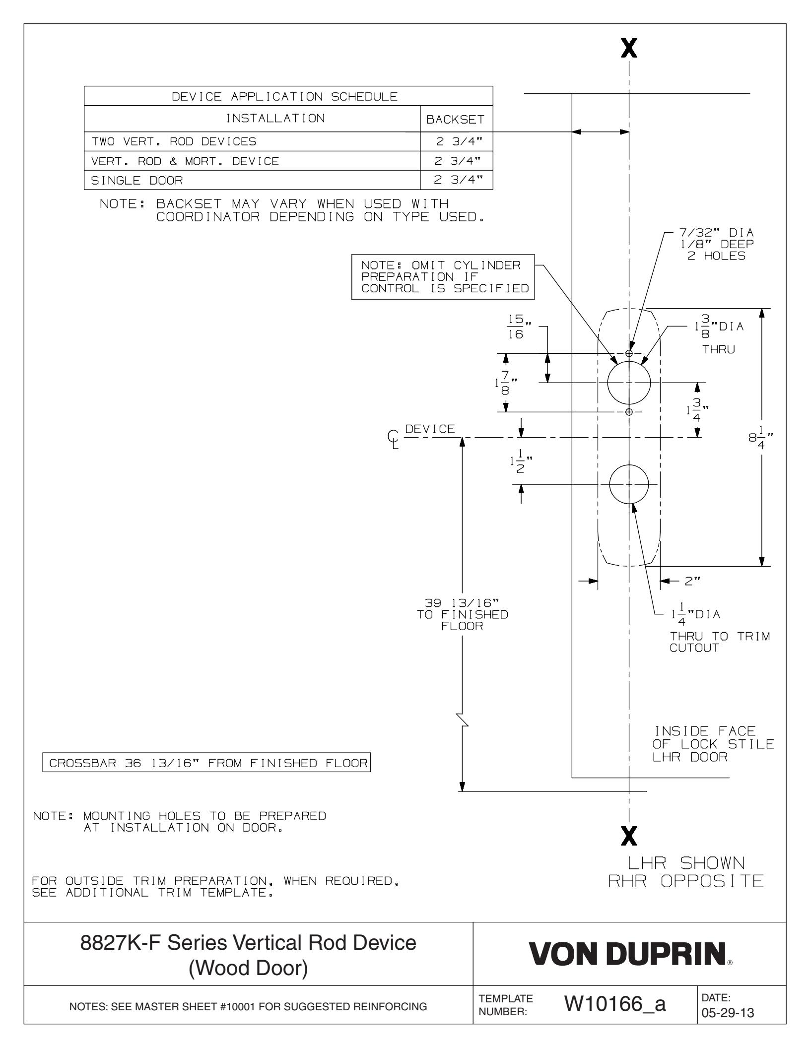 Von Duprin 8827K-F Fire Rated Surface Vertical Rod Exit Device For Wood Door Template diagram on page 1