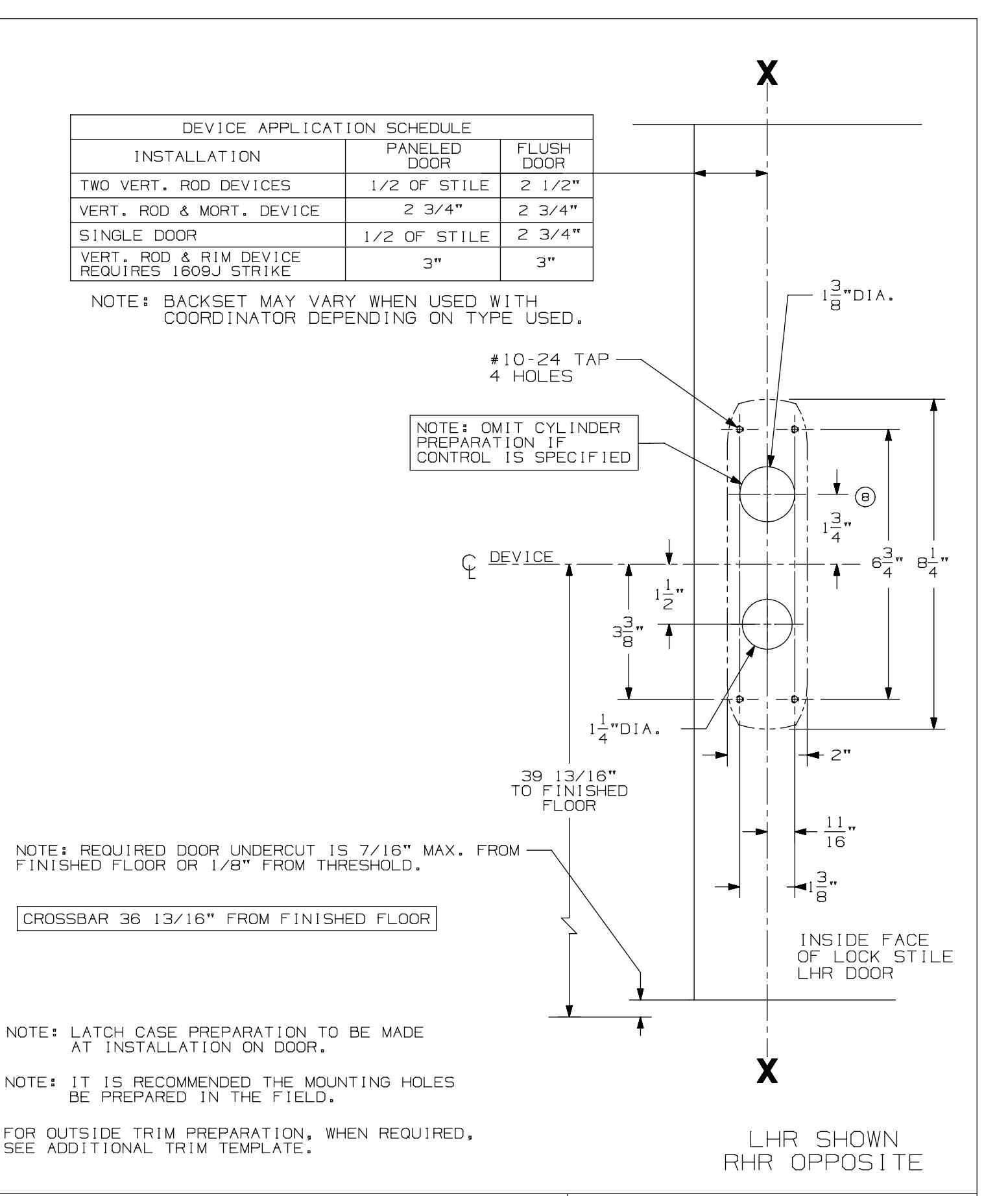 Von Duprin 8827K-L & 8827K-L-NL Series Vertical Rod Device For Metal Applications Template diagram on page 1