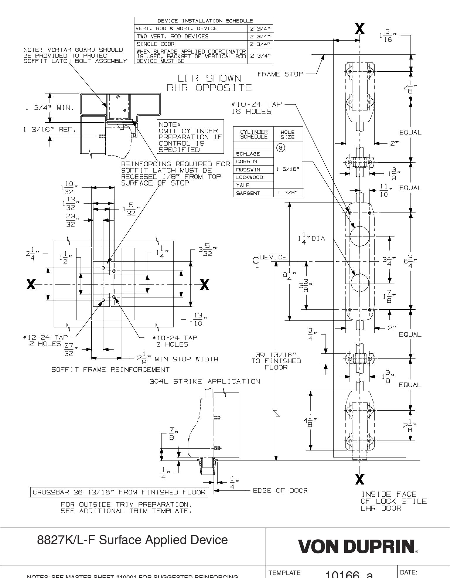 Von Duprin 8827K-L-F Surface Applied Device For Metal Applications Template diagram on page 1