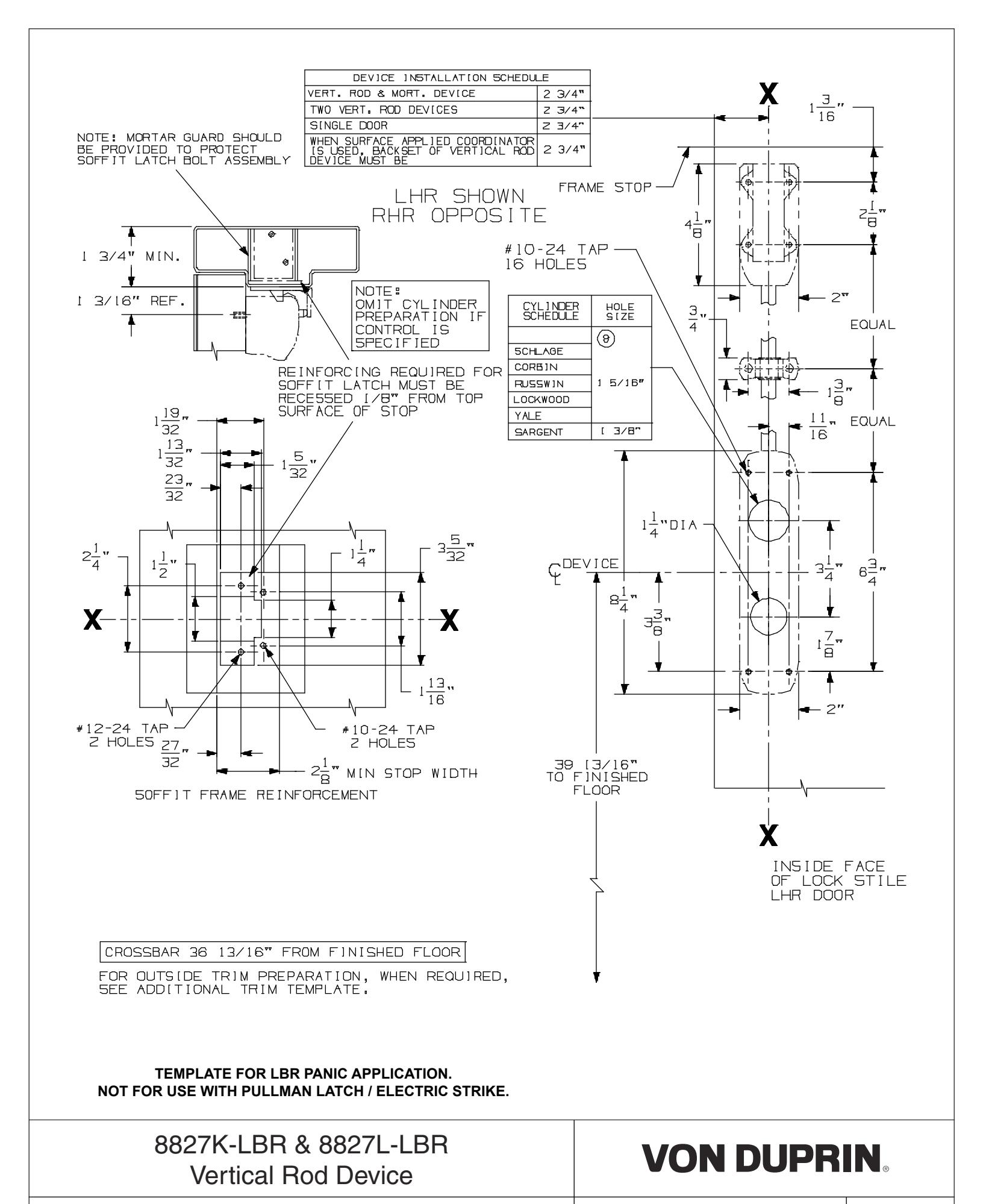 Von Duprin 8827K-LBR & 8827L-LBR Vertical Rod Device For Metal Applications Template diagram on page 1