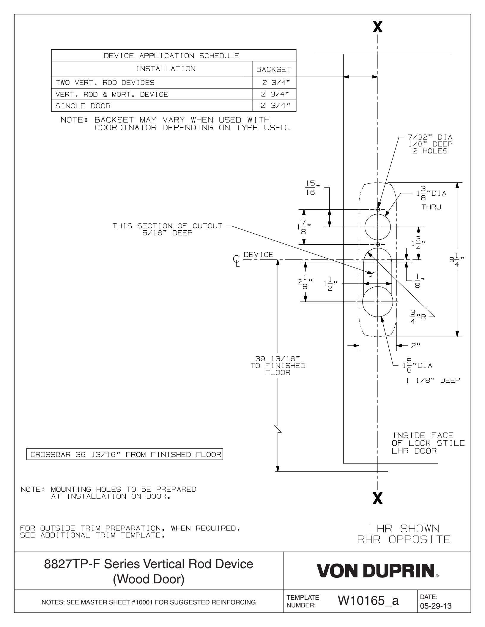 Von Duprin 8827TP-F Fire Rated Surface Vertical Rod Exit Device For Wood Door Template diagram on page 1