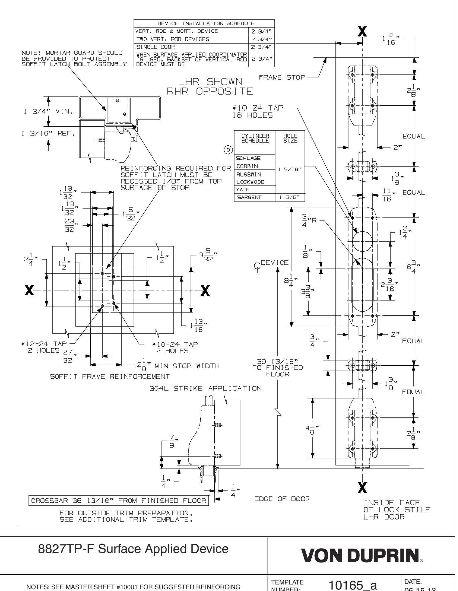 Von Duprin 8827TP-F Surface Applied Device For Metal Applications Template diagram on page 1