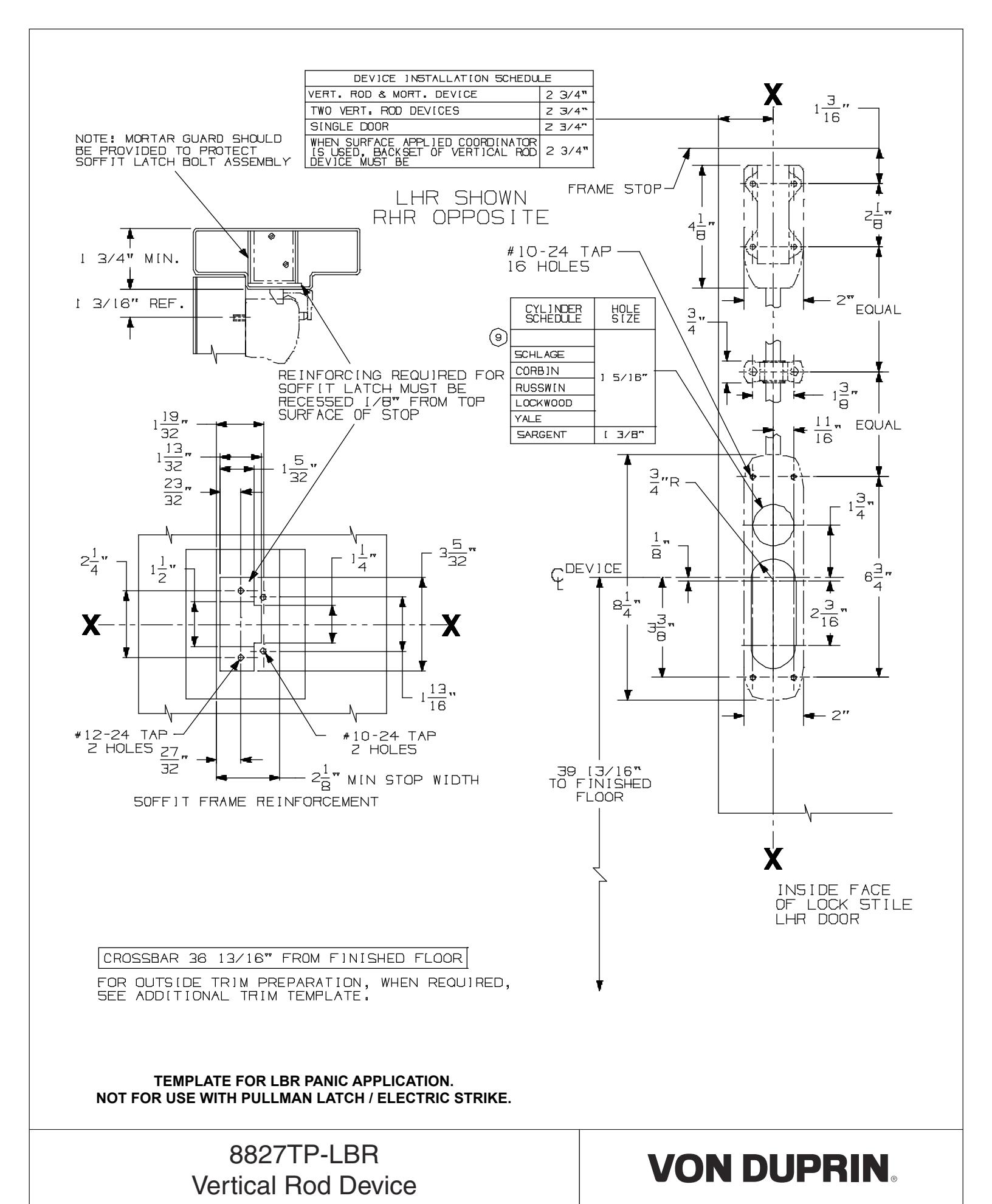 Von Duprin 8827TP-LBR Vertical Rod Device For Metal Applications Template diagram on page 1