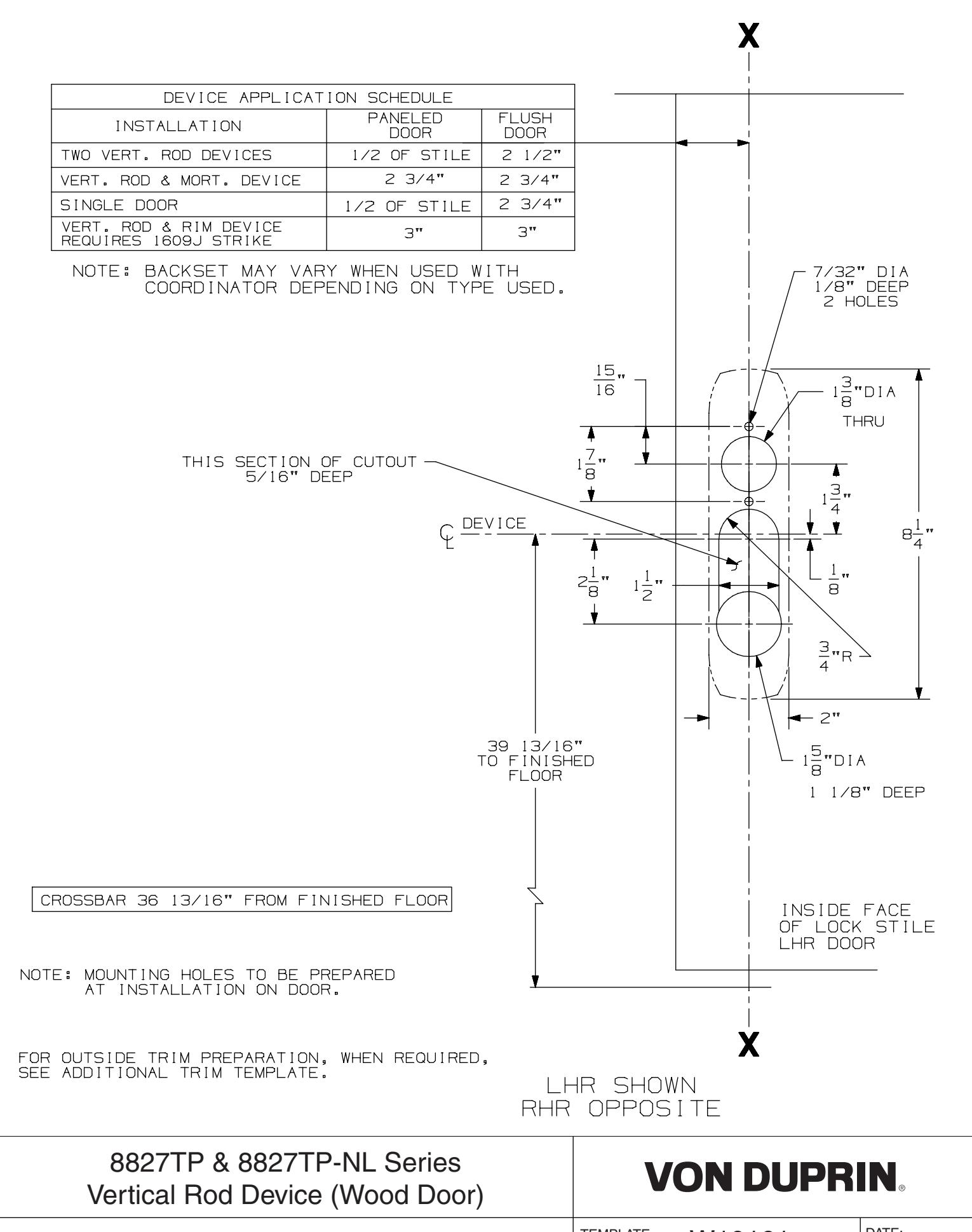 Von Duprin 8827TP and 8827TP NL Series Vertical Rod Device Wood Template 113102 diagram on page 1