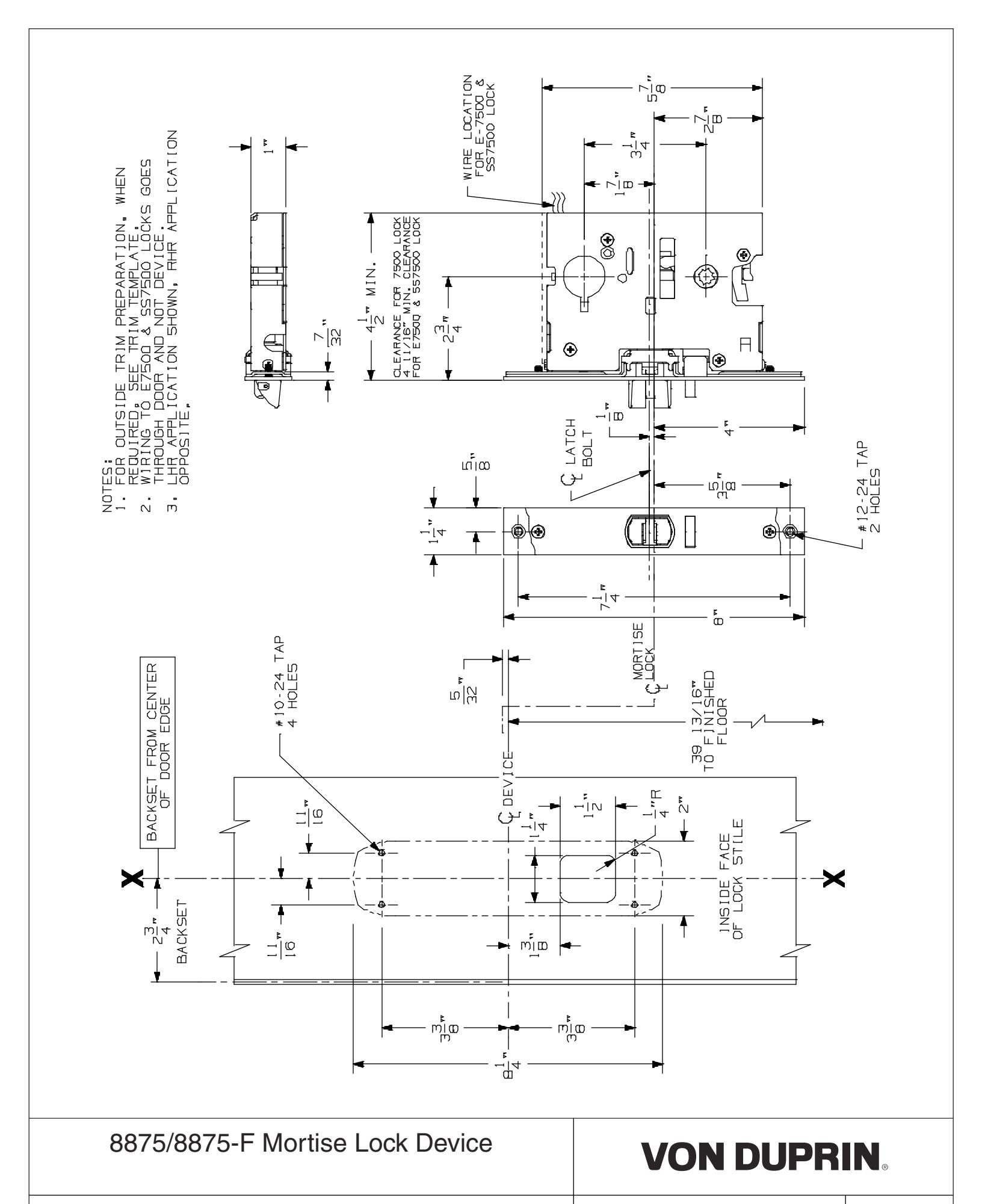 Von Duprin 8875, 8875-F Mortise Lock Device For Metal Applications Template diagram on page 1