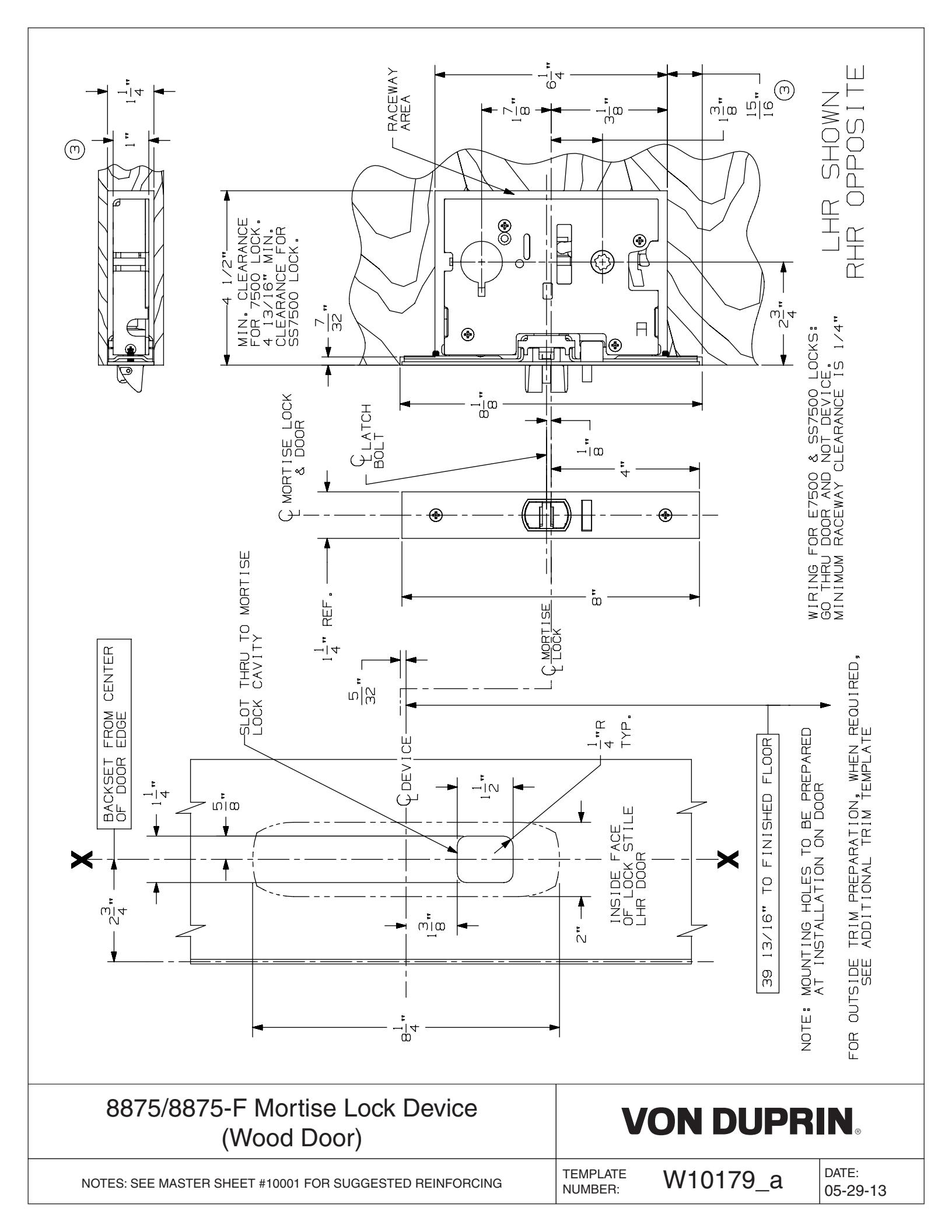 Von Duprin 8875 & 8875-F Mortise Lock Device For Wood Door Template diagram on page 1