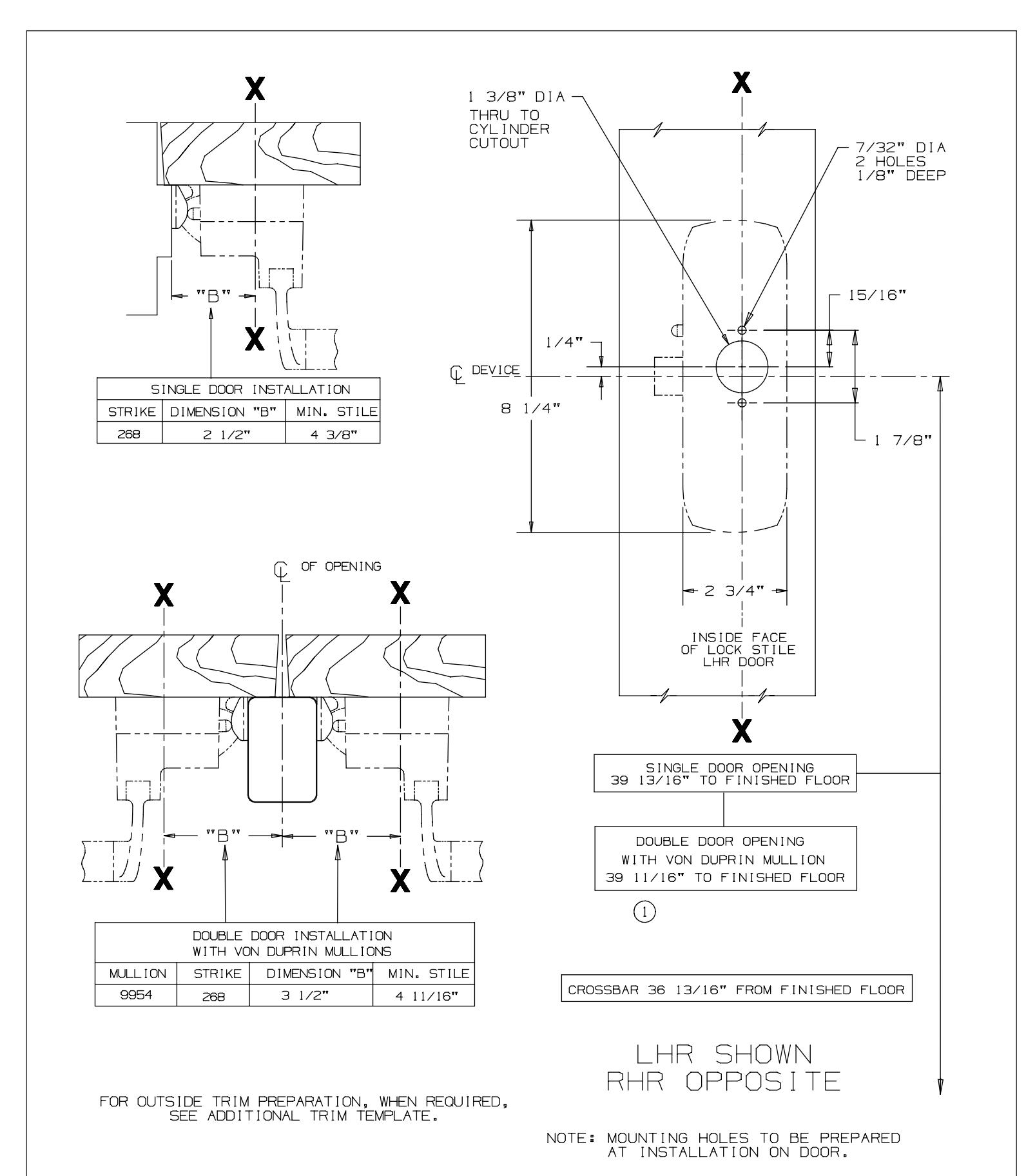 Von Duprin 88NL-F Fire Rated Rim Exit Device For Wood Door Template diagram on page 1