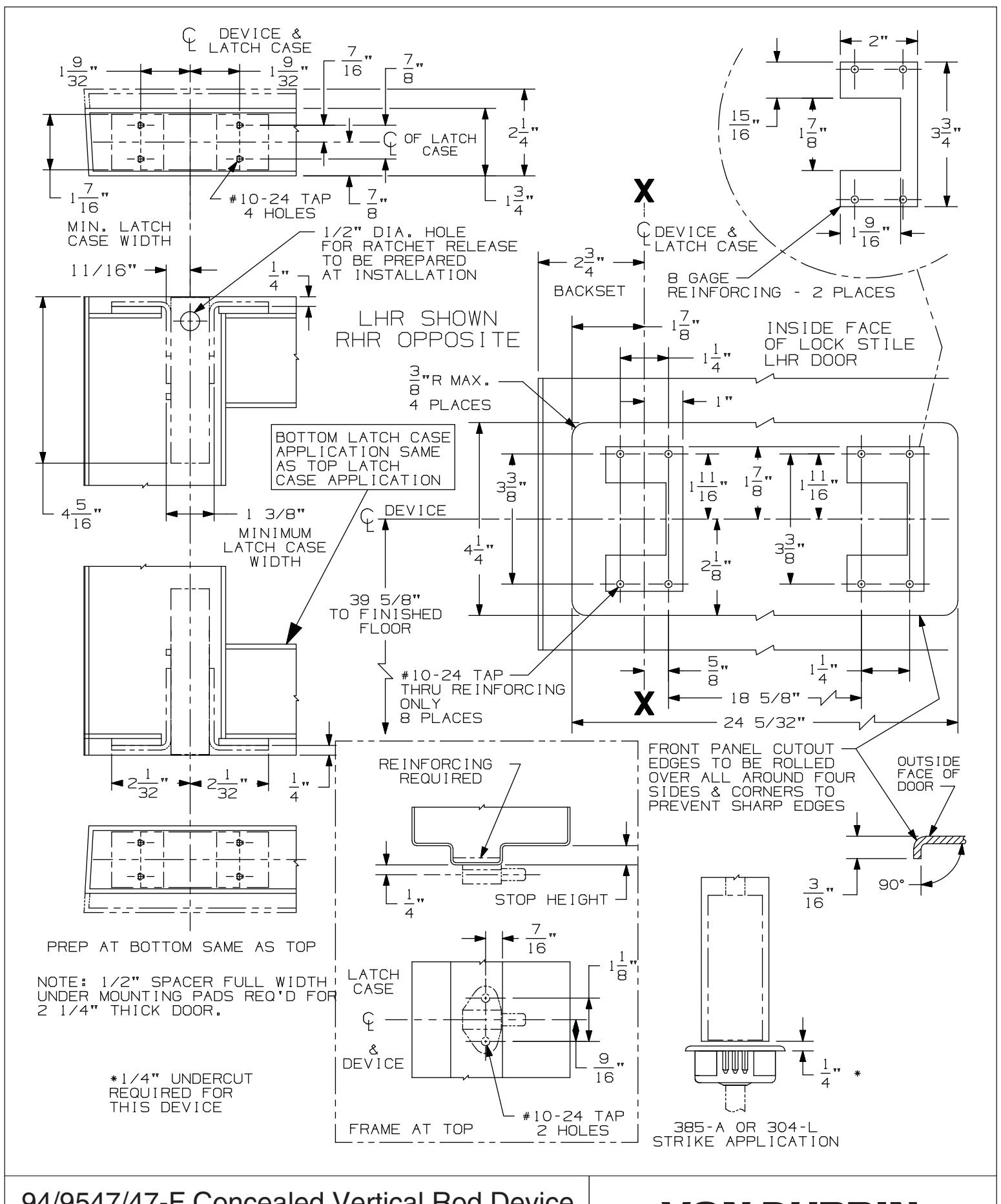 Von Duprin 9447, 9547, 9447-F, 9547-F Concealed Vertical Rod (2ft6inch – 2ft9-3by4inch Wide Door Opening) For Metal Applicati
