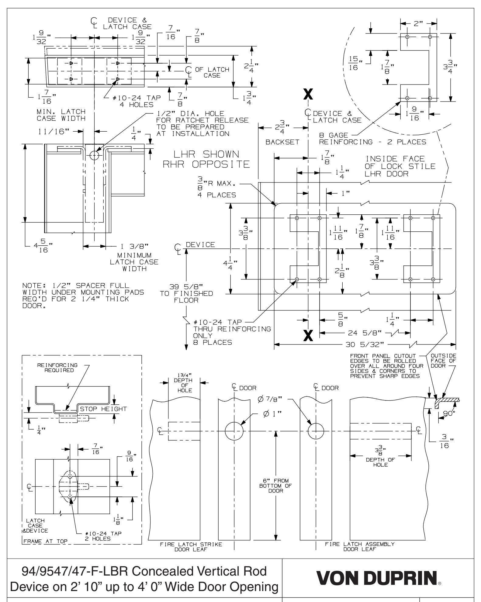 Von Duprin 9447-LBR, 9547-LBR, 9447-F-LBR, 9547-F-LBR Concealed Vertical Rod (2ft10inch – 4ft Wide Door Opening) For Metal Ap