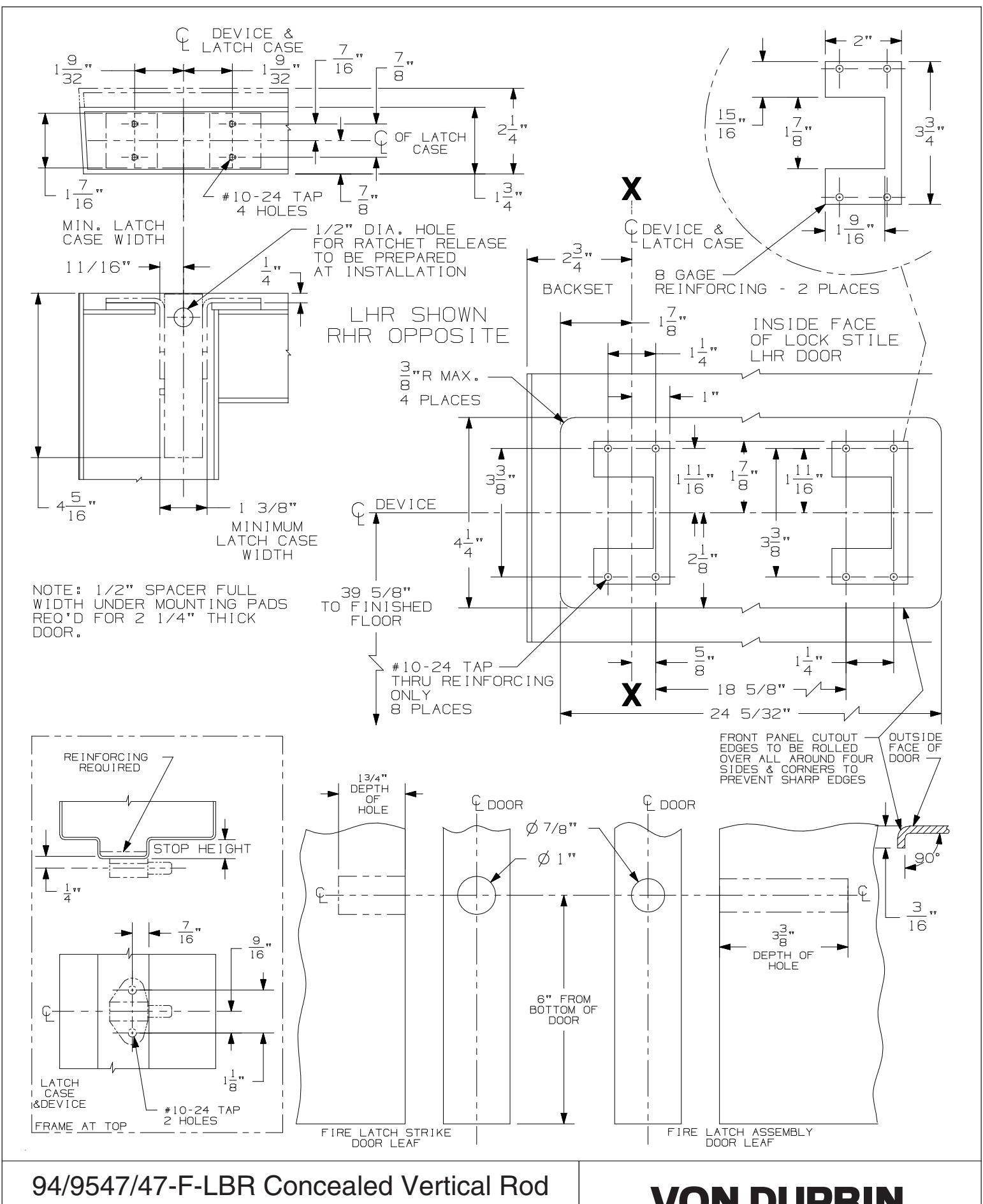 Von Duprin 9447-LBR, 9547-LBR, 9447-F-LBR, 9547-F-LBR Concealed Vertical Rod (2ft6inch – 2ft9-3by4inch Wide Door Opening) For
