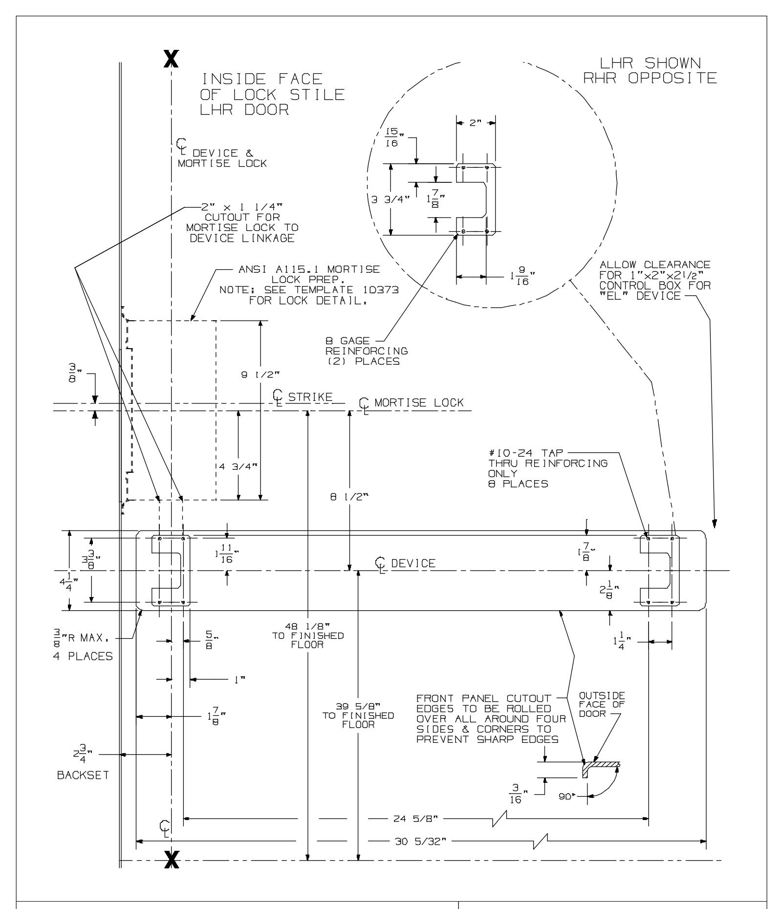 Von Duprin 9475, 9575, 9475-F, 9575-F Mortise Device (2ft10inch – 4ft Wide Door Opening) For Metal Applications Template diag