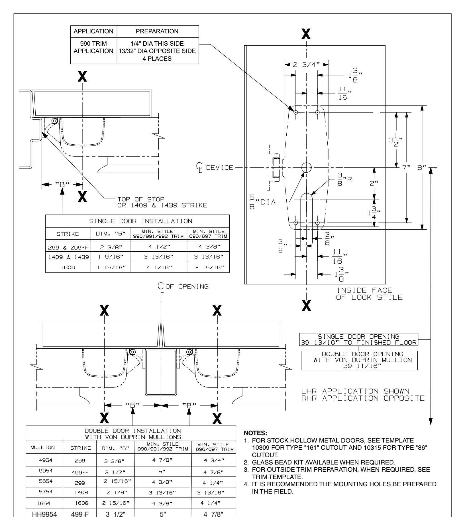 Von Duprin 98-2, 99-2, 98-F-2, 99-F-2, 98-2 SI, 99-2 SI, & 98-F-2 SI, 99-F-2 SI TP, K, & L Rim Devices For Hollow Metal Appli