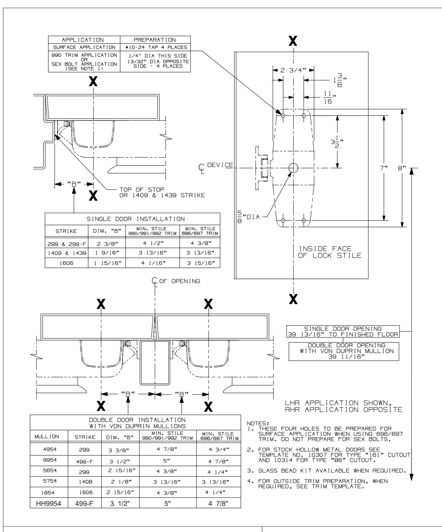 Von Duprin 98, 99 & 98-F, 99-F NL Rim Devices For Hollow Metal Applications Template diagram on page 1