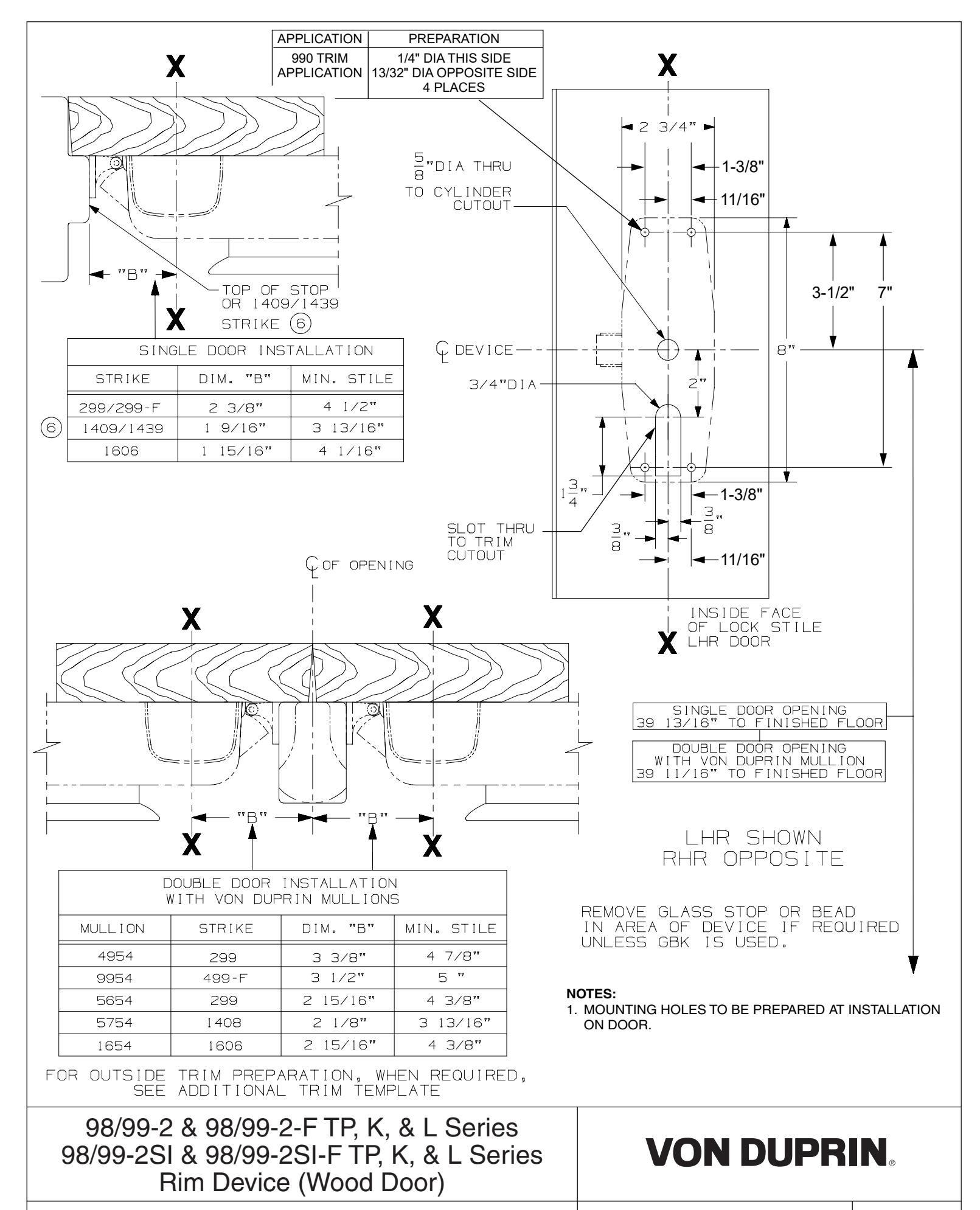Von Duprin 98, 99, 98-F, 99-F Series Rim Device TP-2, K-2, L-2, TP-2SI, K-2SI, L-2SI Functions For Wood Door Template diagram